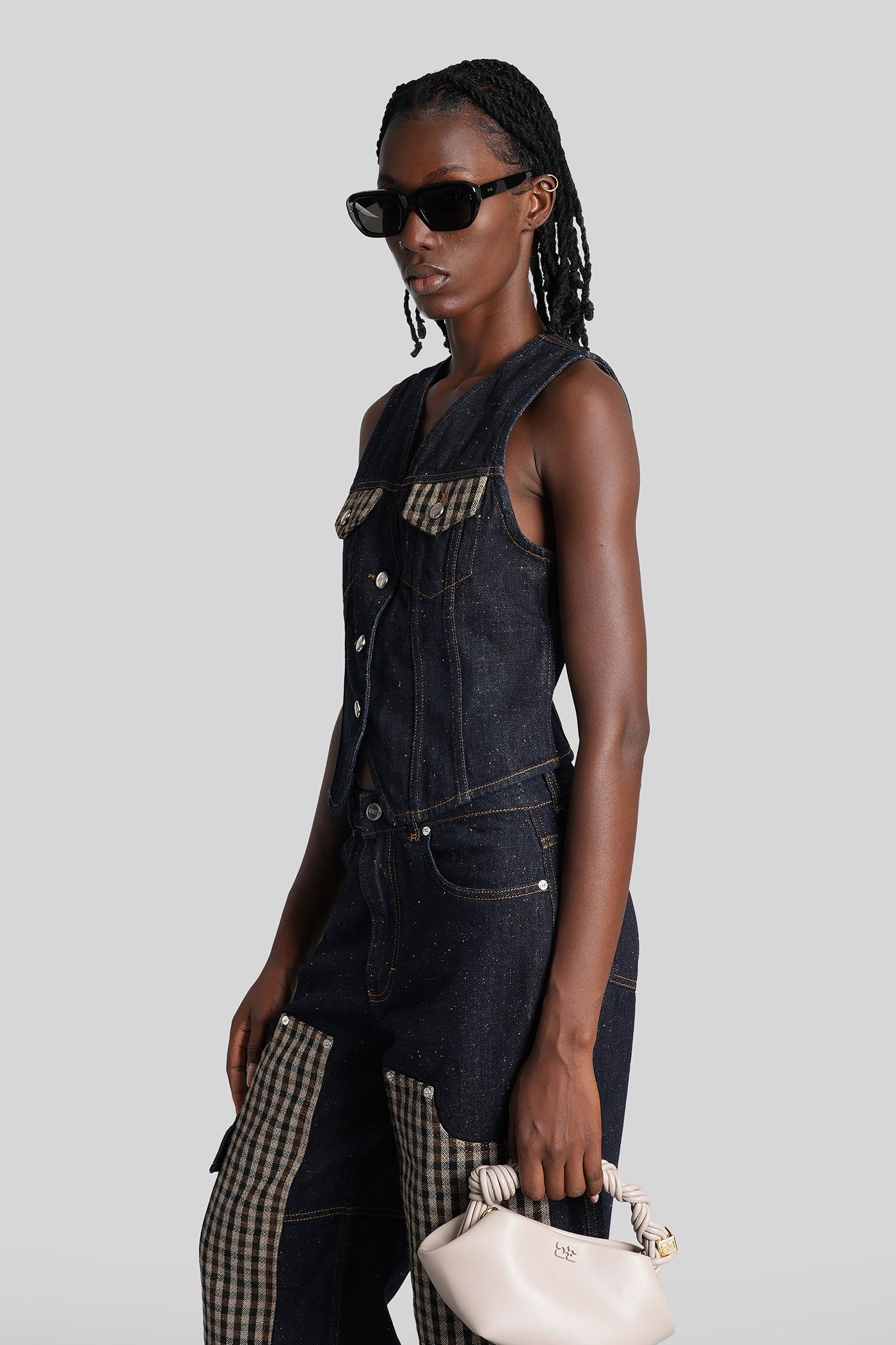 Ganni Neppy Checked Tweed-trimmed Organic Denim Vest In Blue