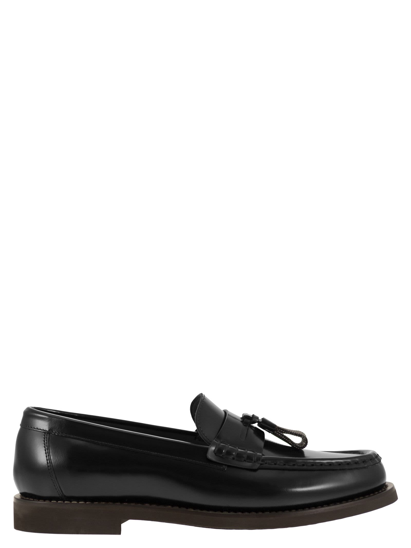 Shop Brunello Cucinelli Minimal Calfskin Moccasin With Shiny Tassels In Black