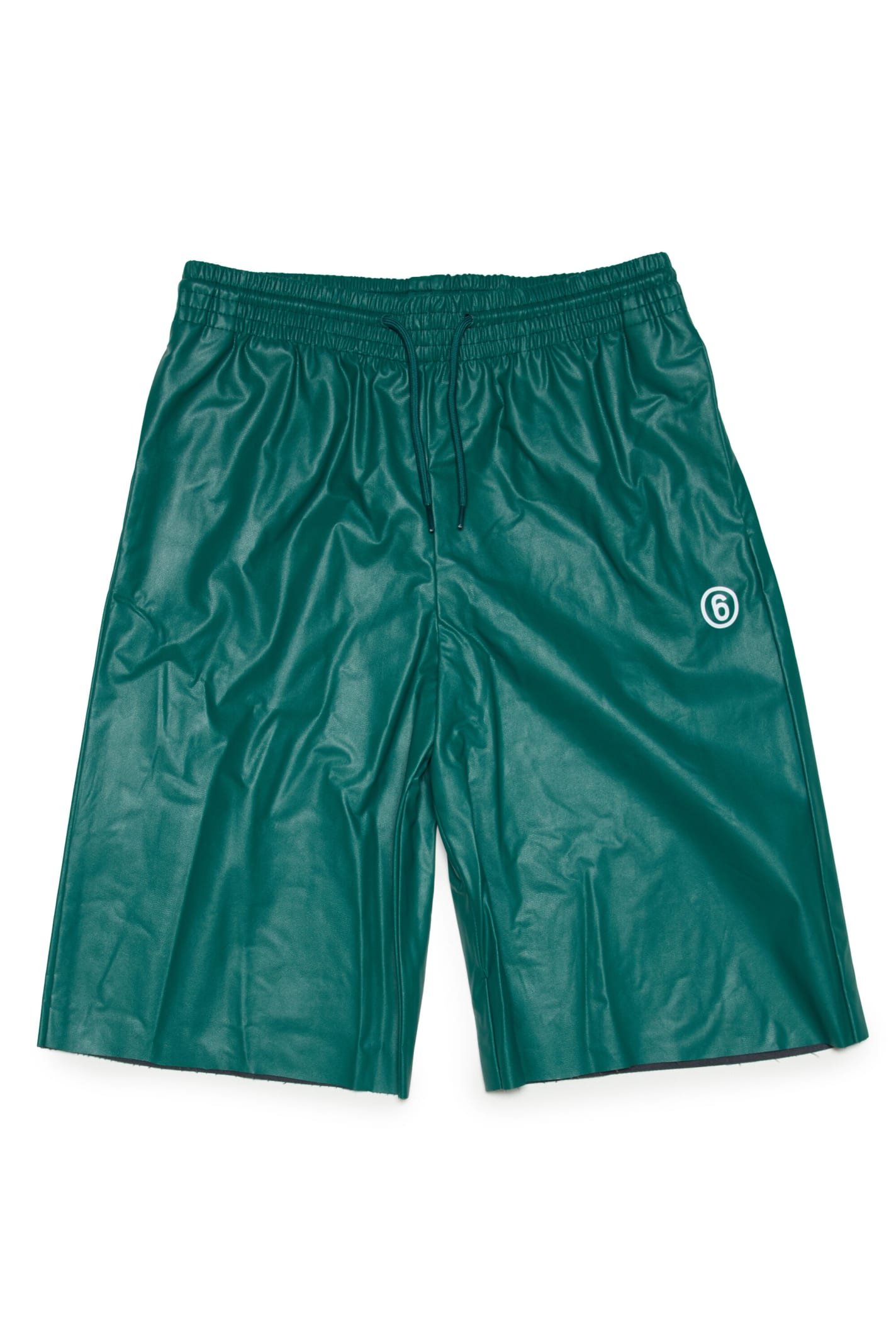 Mm6 Maison Margiela Kids' Green Fake Leather Shorts With Logo