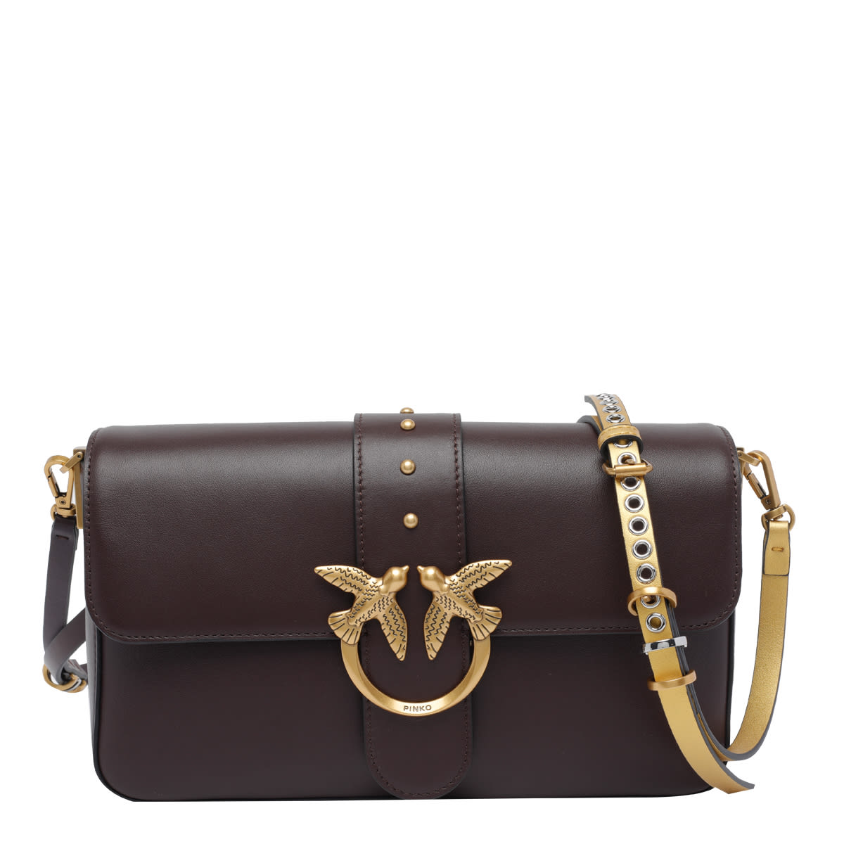 Pinko Medium Slouchy Love Birds Buckle Shoulder Bag In Brown