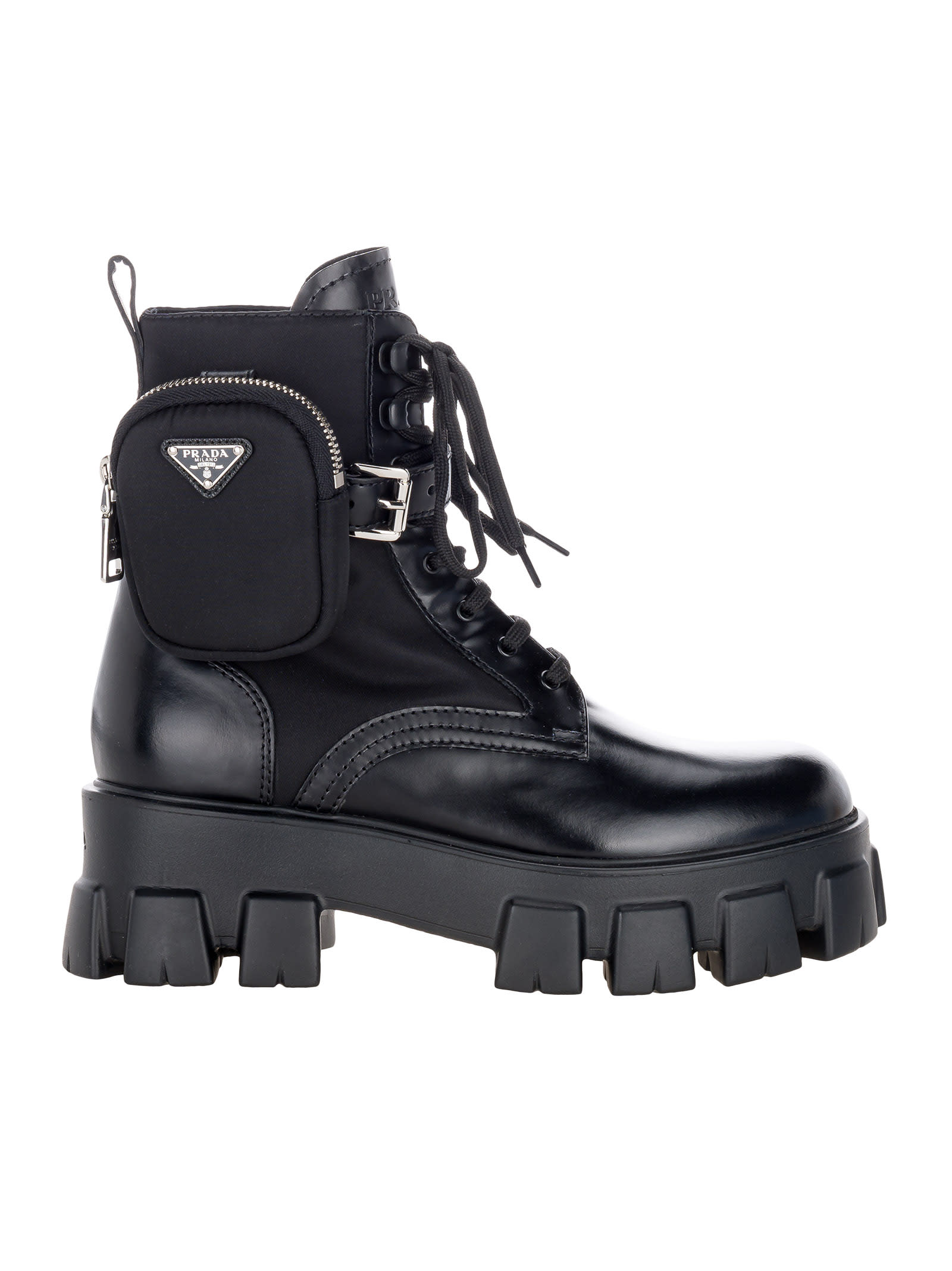 Buy Prada Brushed Rois Leather And Nylon Monolith Boots online, shop Prada shoes with free shipping