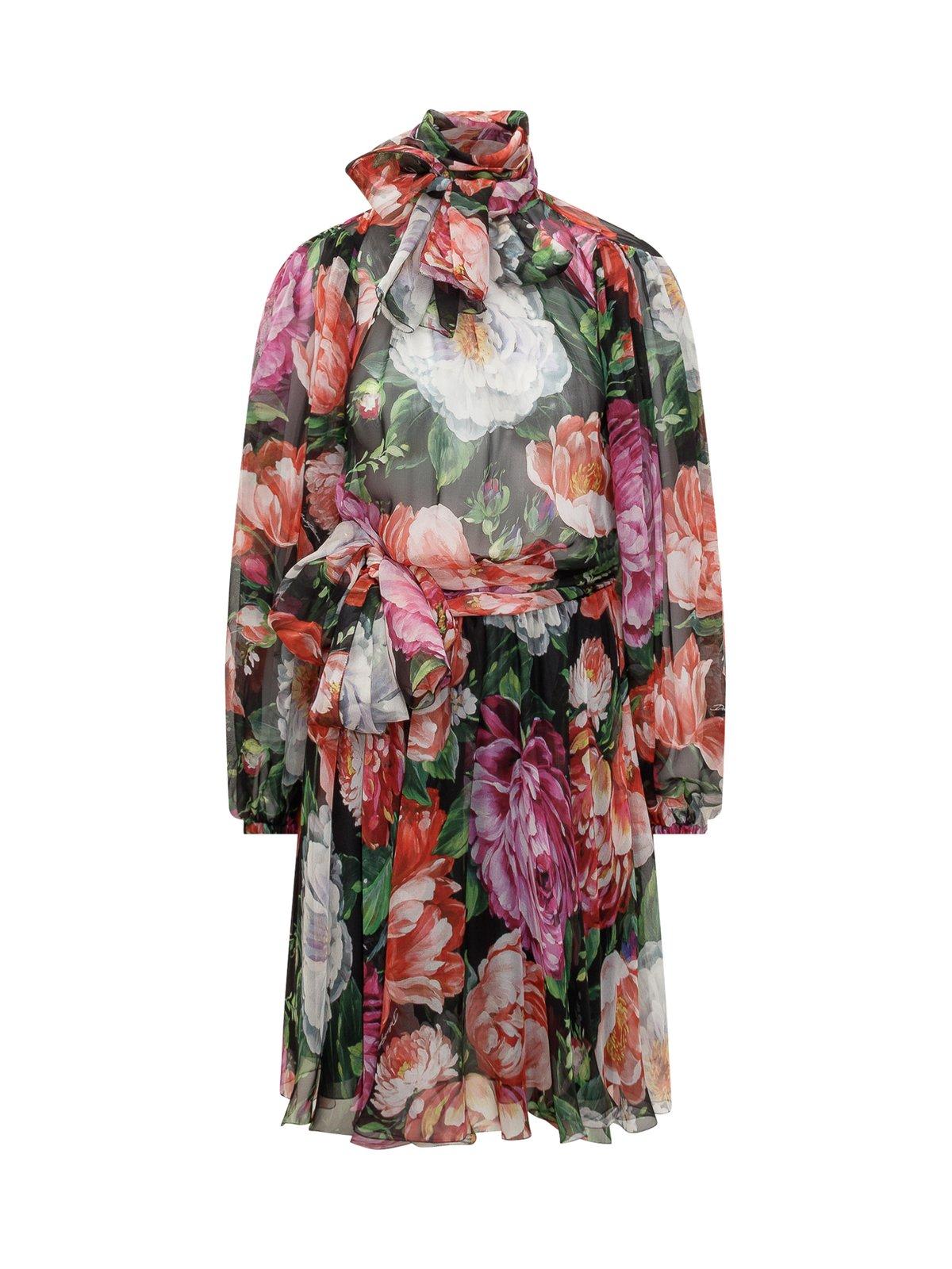 Dolce & Gabbana Floral-printed Tied-neck Chiffon Dress