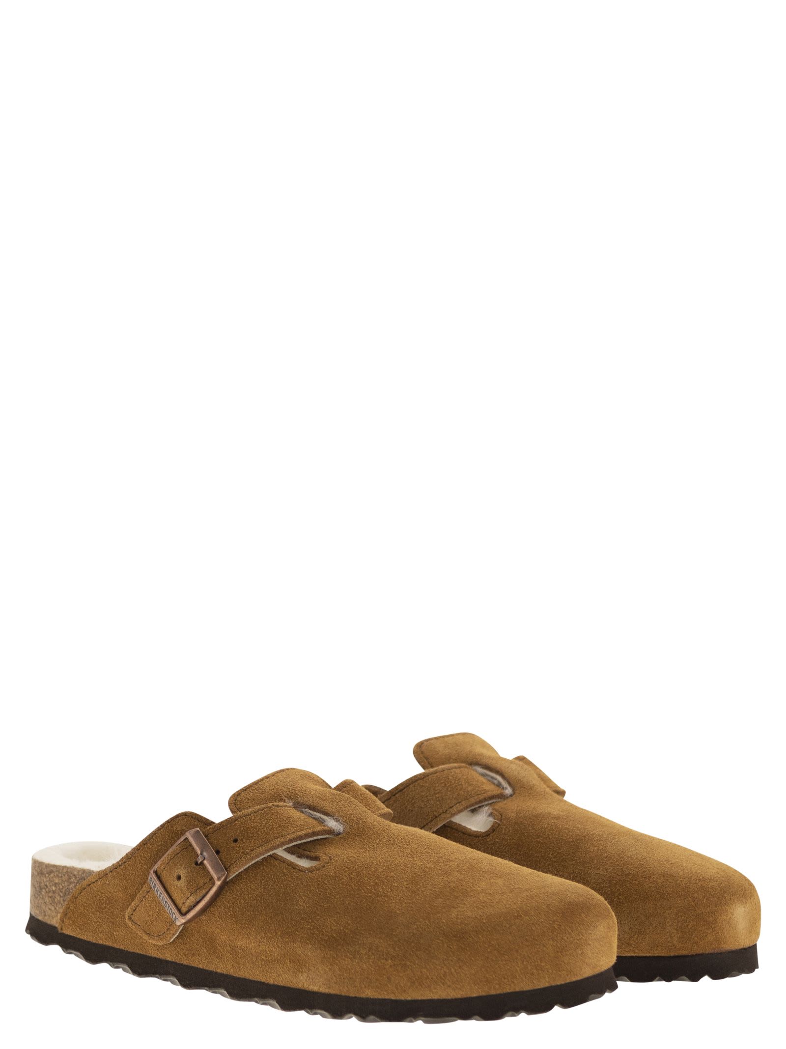 Birkenstock Boston Suede Mule With Fur Lining Shoes In Brown