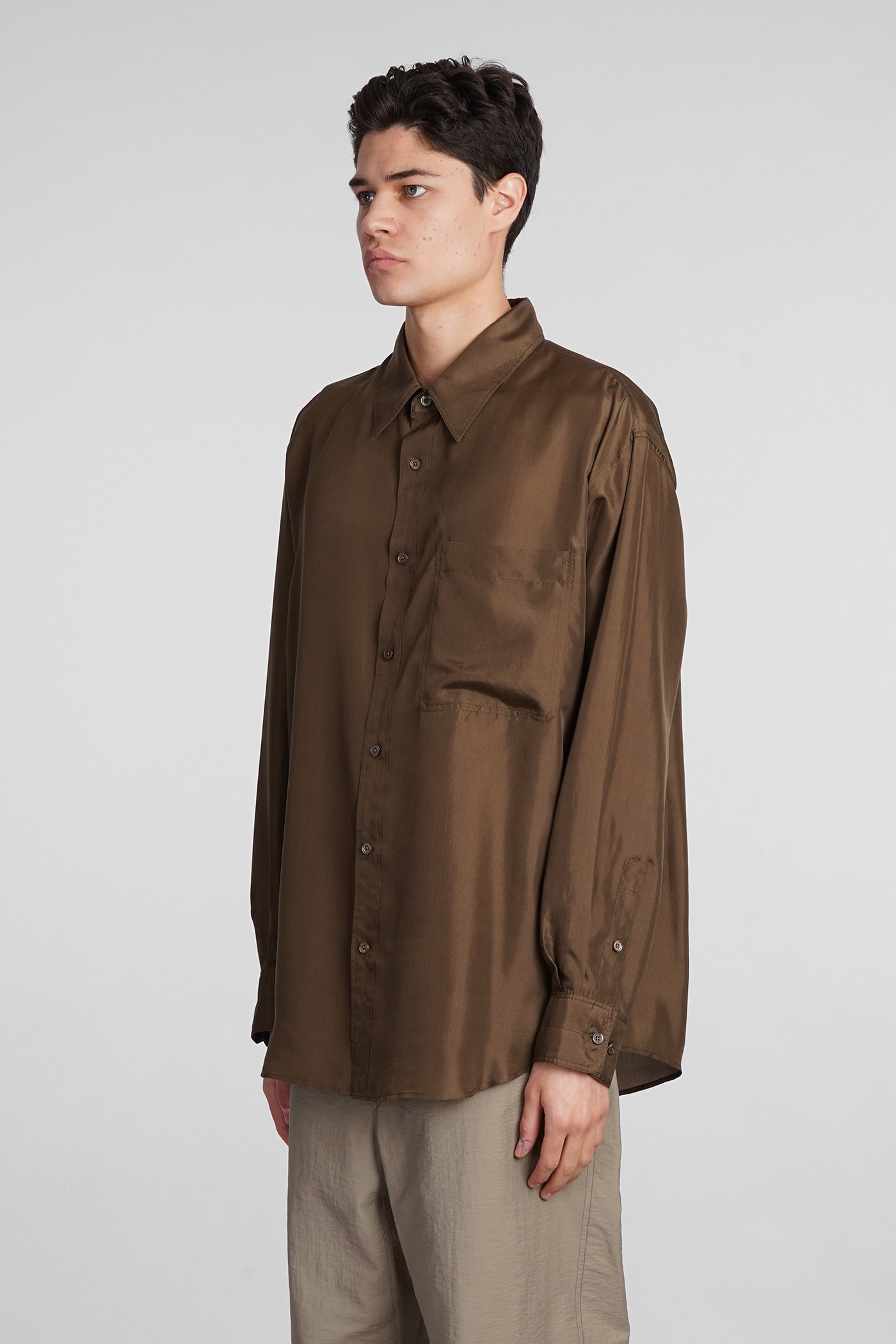 Shop Lemaire Shirt In Brown Silk In Dark Tobacco