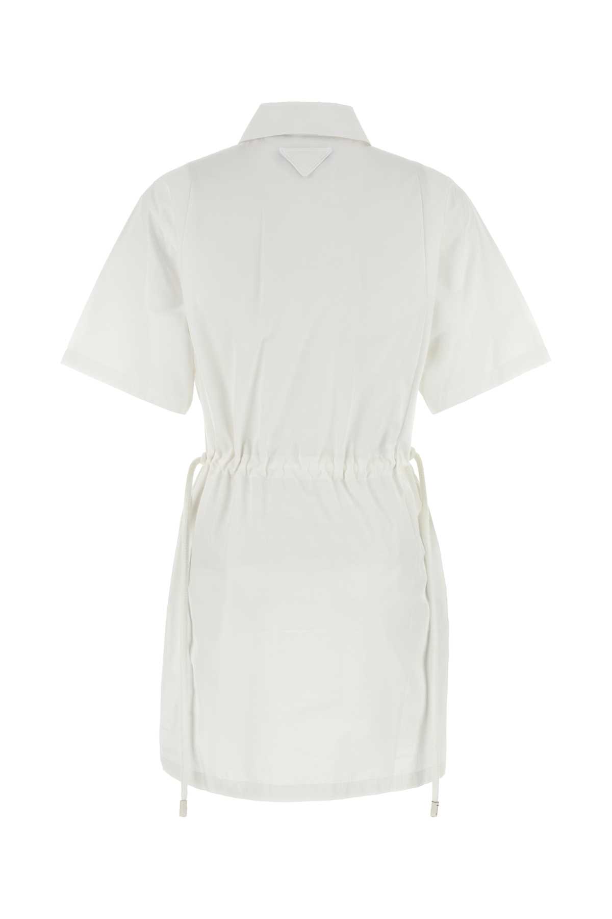 Prada Womens White Gathered-waist Classic-collar Cotton Mini Dress In Bianco