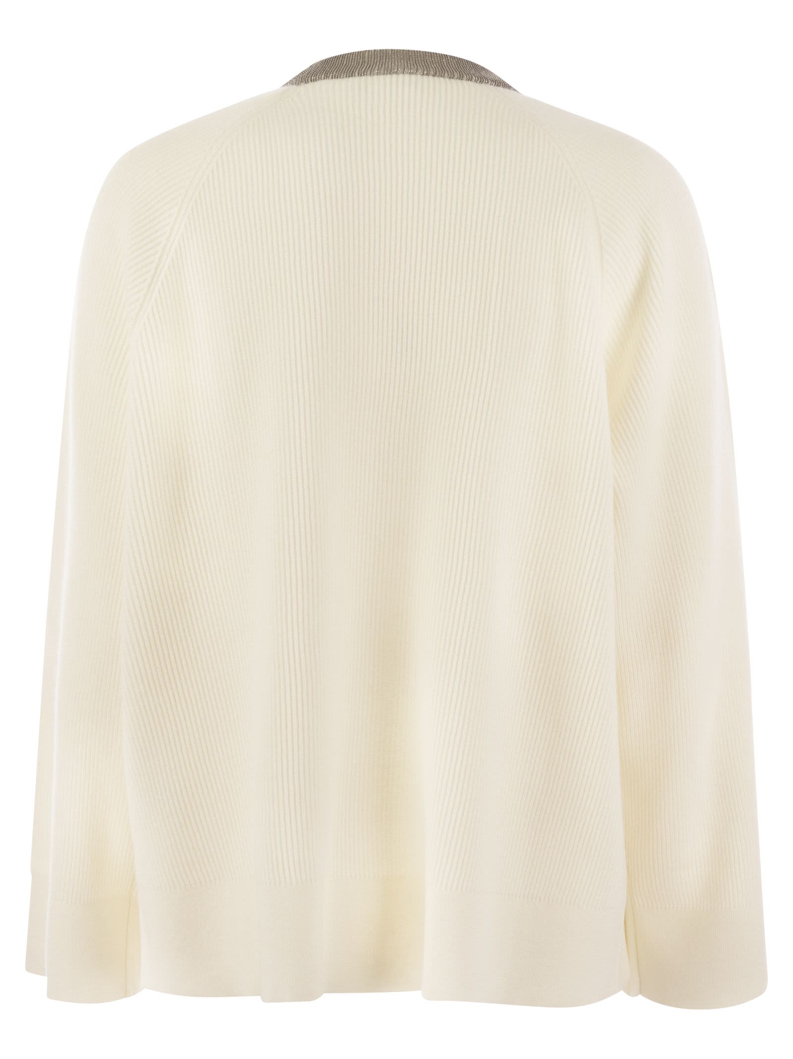 Shop Brunello Cucinelli Ribbed Cashmere Sweater With Necklace In White