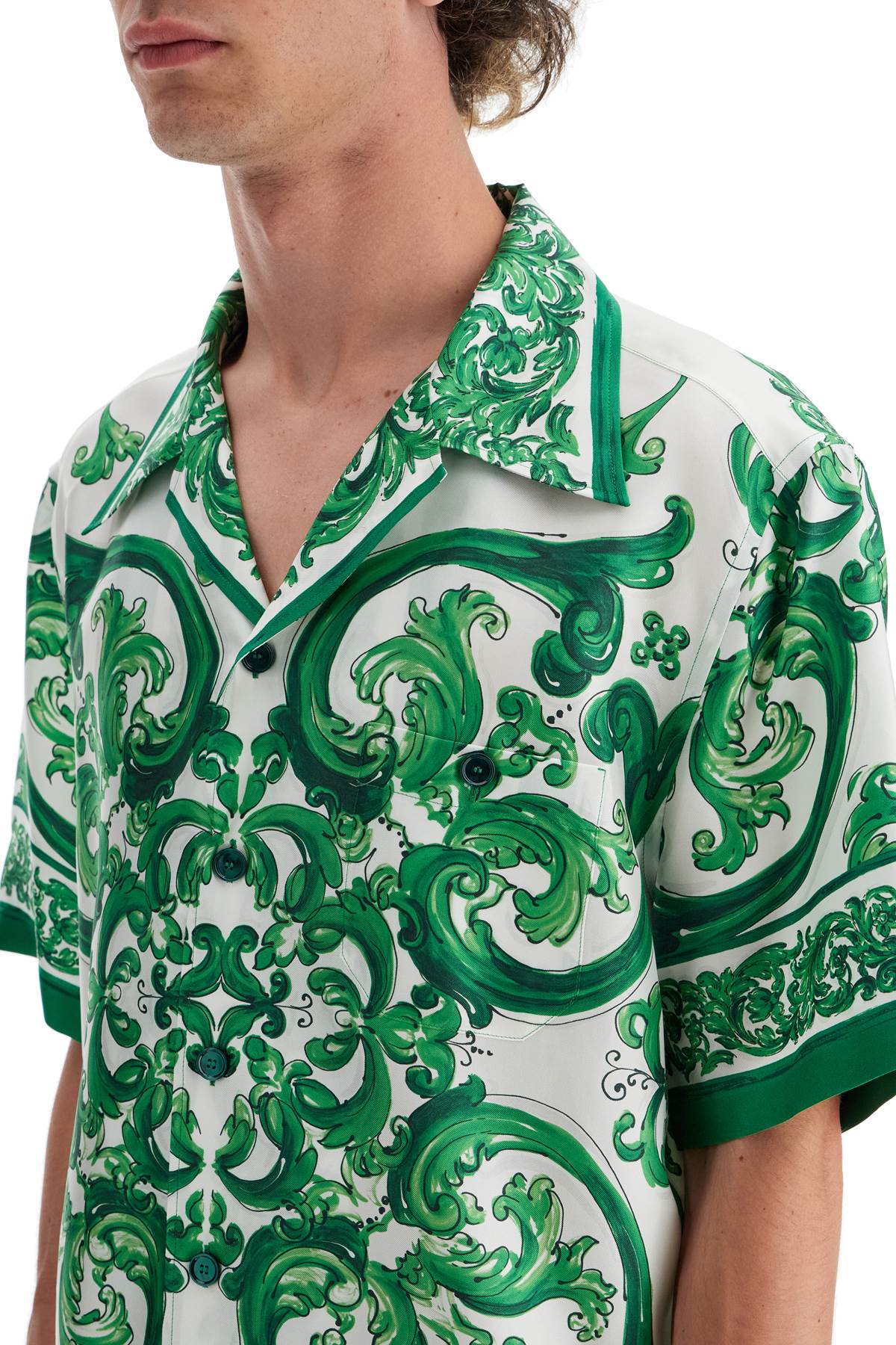 Shop Dolce & Gabbana Hawaii Silk Twill Maiolica Print Shirt In Maiolica 3l Verde (green)