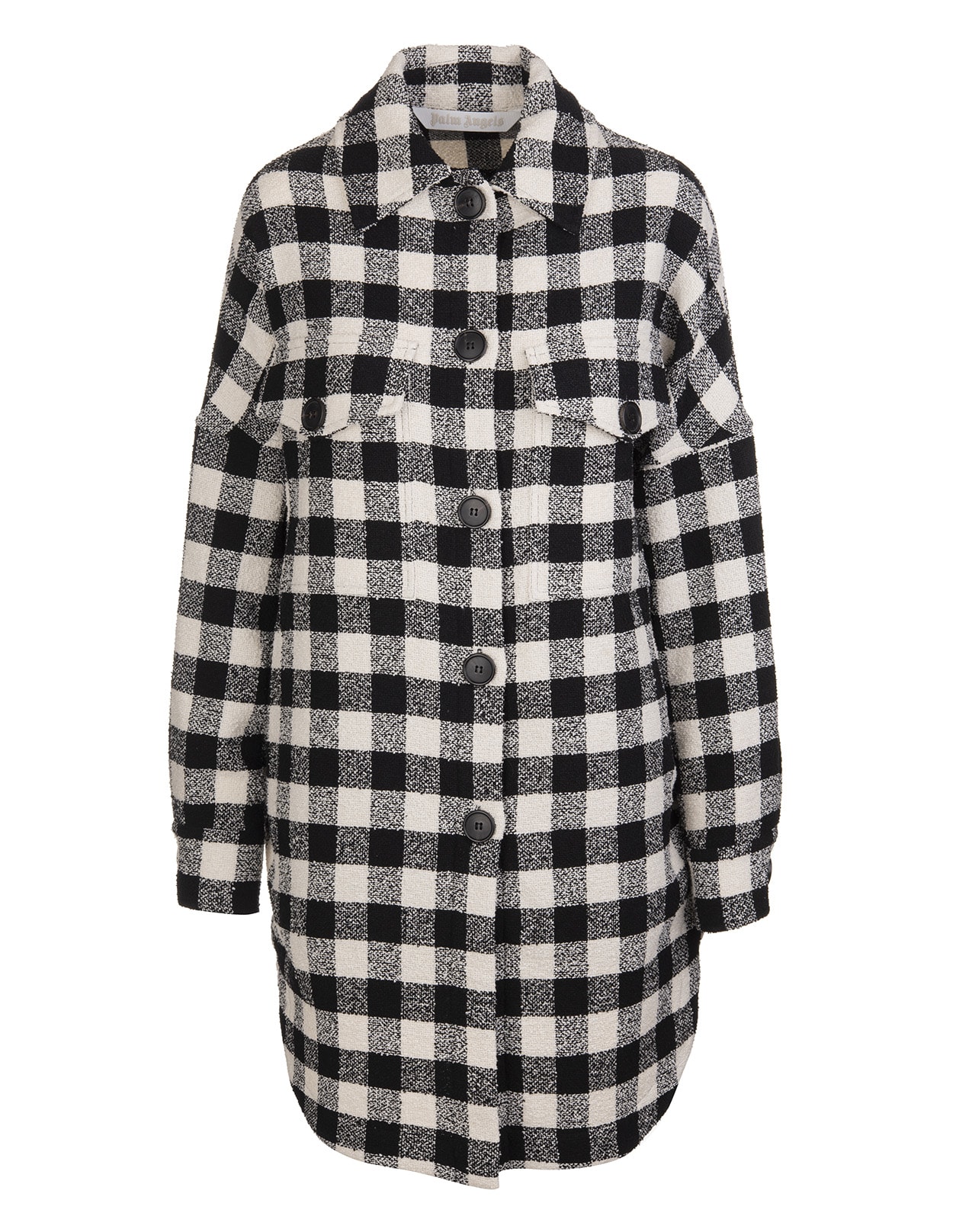 Palm Angels Woman Black And White Checked Oversize Overshirt With Embroidered Logo