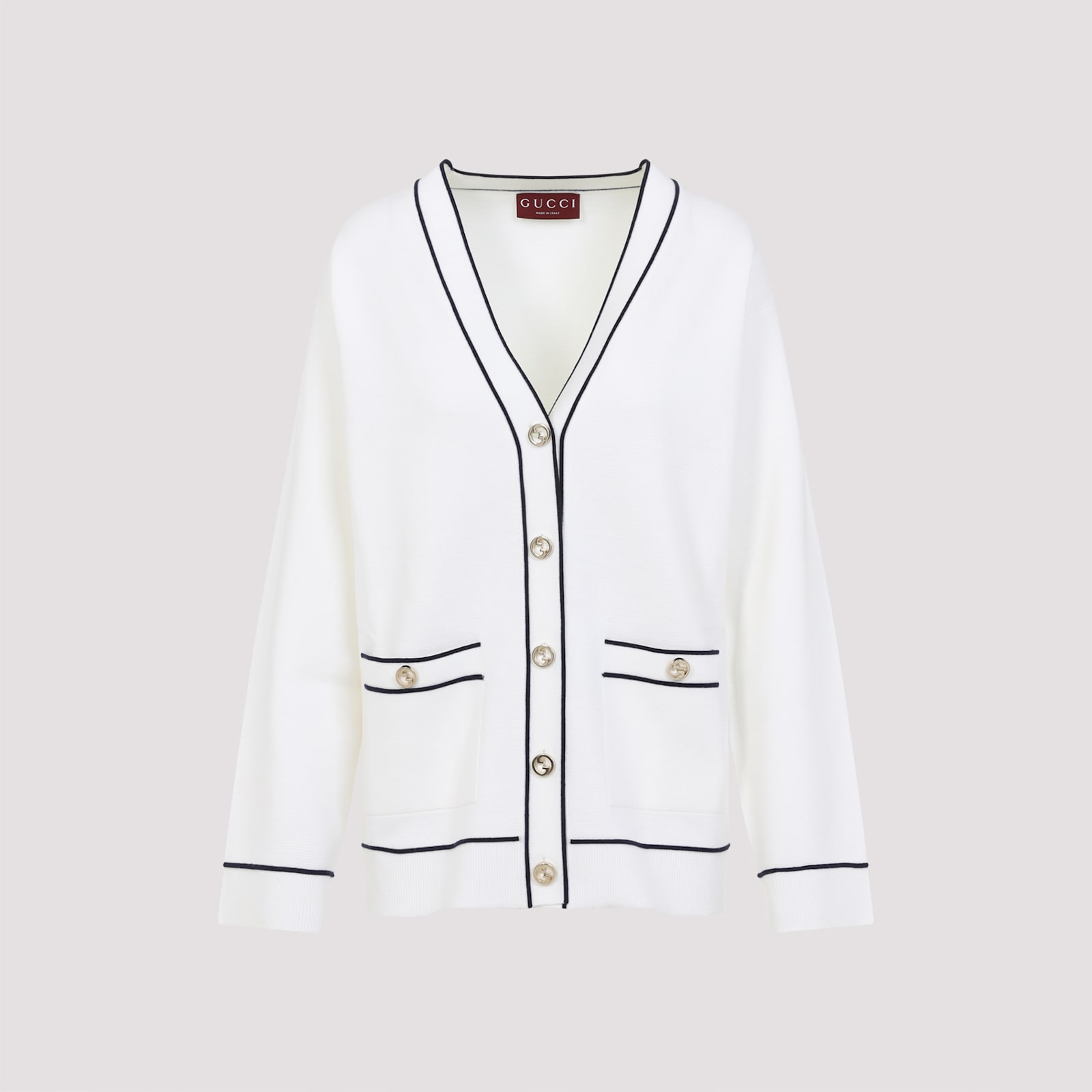 Gucci Incrocio Gg Ribbed-knit Cardigan In White Blue