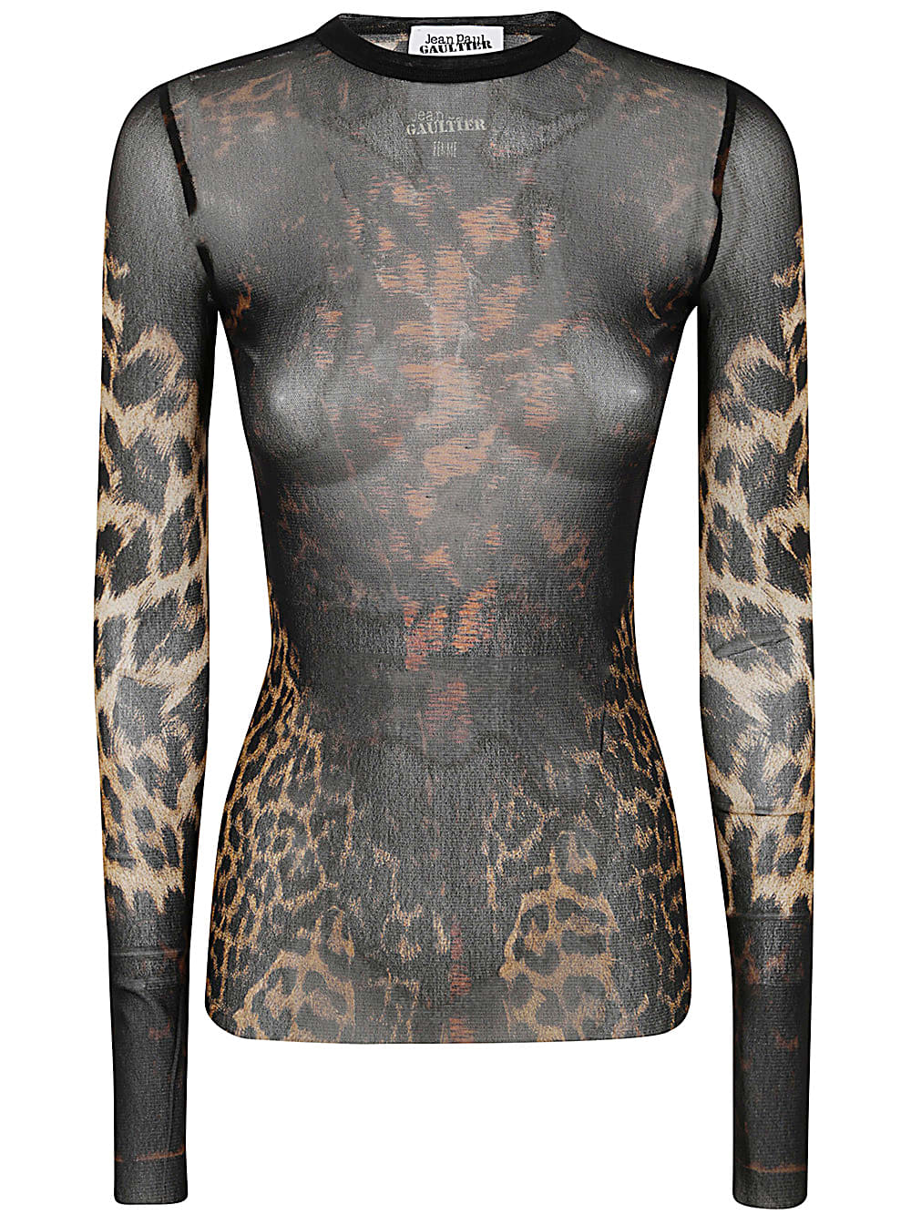 Shop Jean Paul Gaultier Mesh Long Sleeve Top Printed Leopard With Lace Label In Beige Brown Dark Brown Black