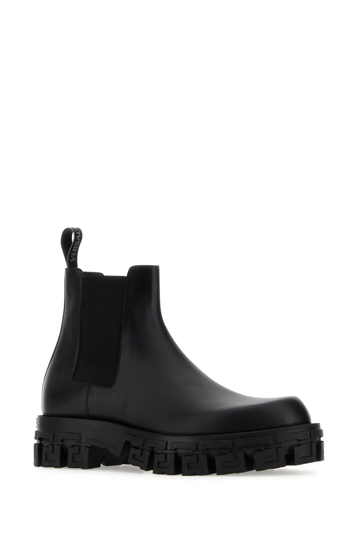 VERSACE BLACK LEATHER GRECA PORTICO ANKLE BOOTS