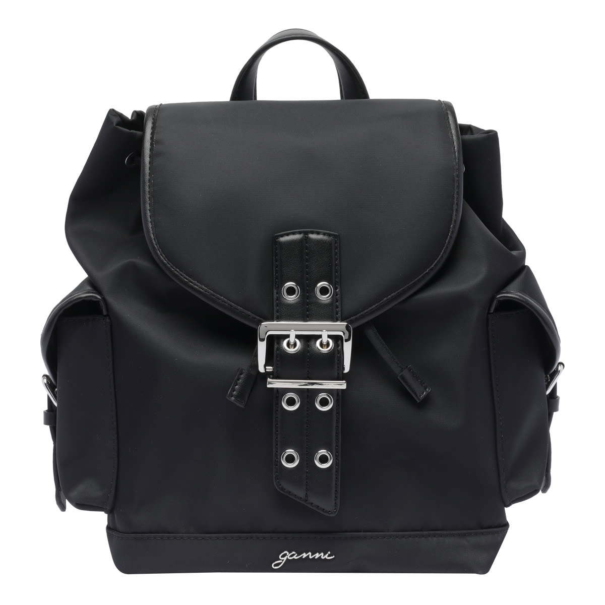 Ganni Magnetic Pockets Flap Backpack Handle In Black