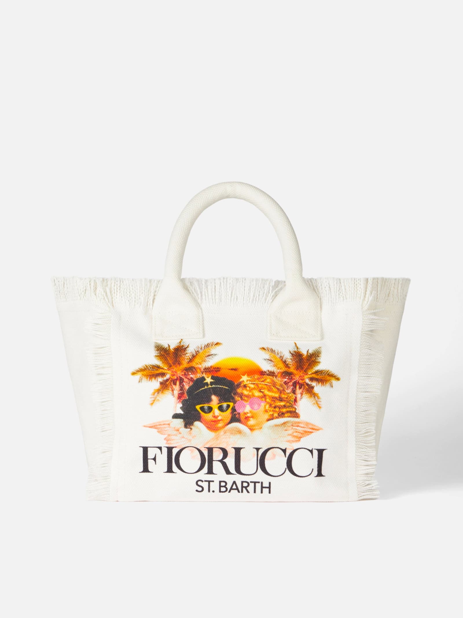 Mc2 Saint Barth Colette White Cotton Canvas Handbag With Fiorucci Angels Print Fiorucci Special Edition