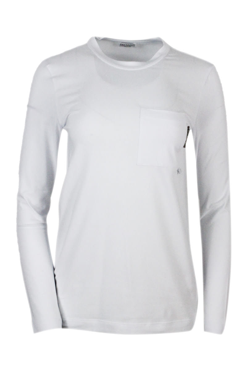 Shop Brunello Cucinelli Long-sleeved Round-neck Stretch Cotton Jersey T-shirt In White