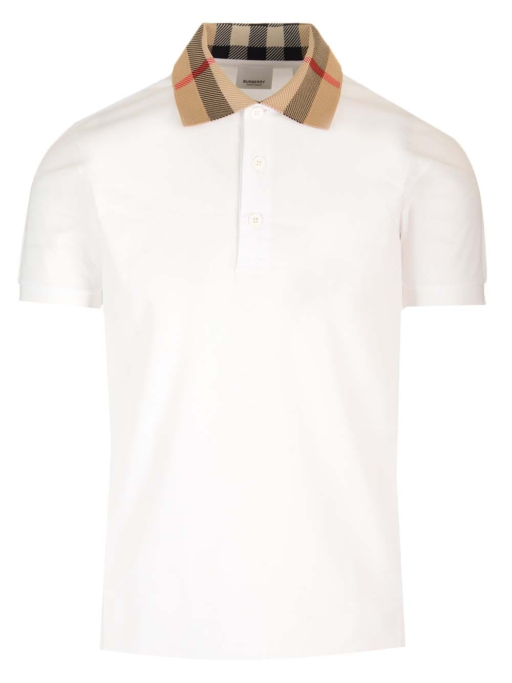 Burberry Check-collar White Polo Shirt With Three-button Placket