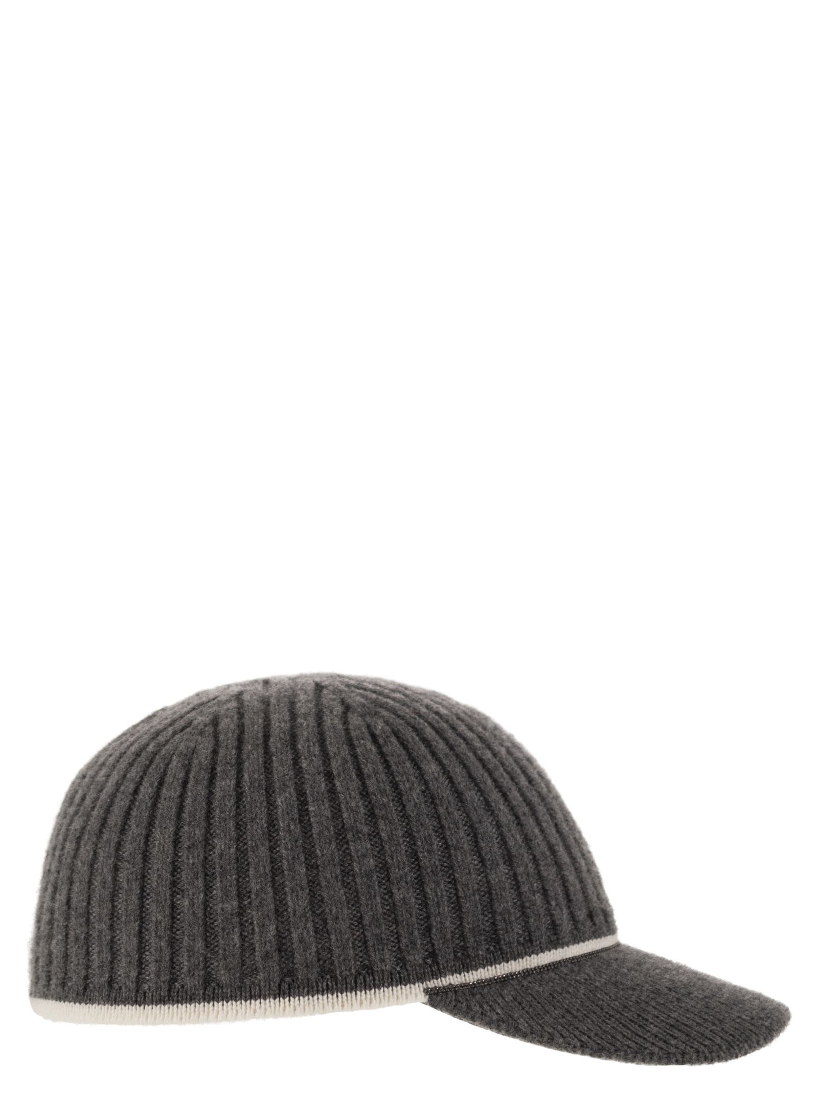 Shop Brunello Cucinelli Ribbed Virgin Wool, Cashmere And Silk Knit Baseball Cap With Jewel In Anthracite