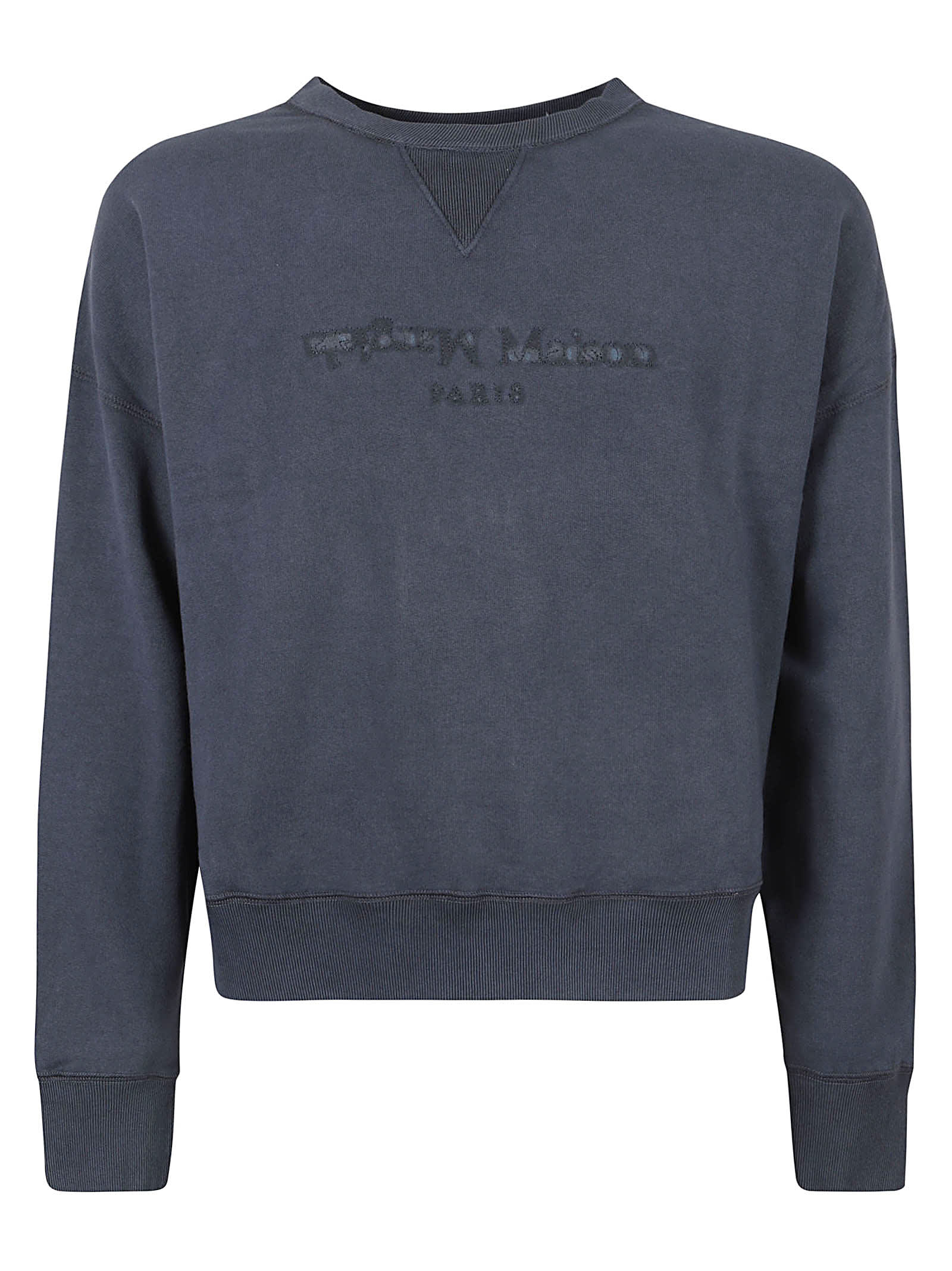 Shop Maison Margiela Rib Trim Logo Embroidered Sweatshirt In Blue