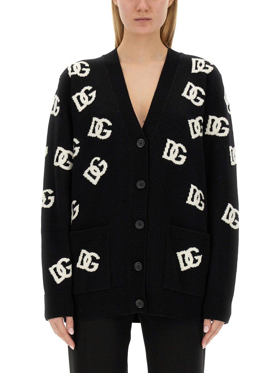 Shop Dolce & Gabbana All-over Logo Intarsia V-neck Cardigan In Nero Bianco