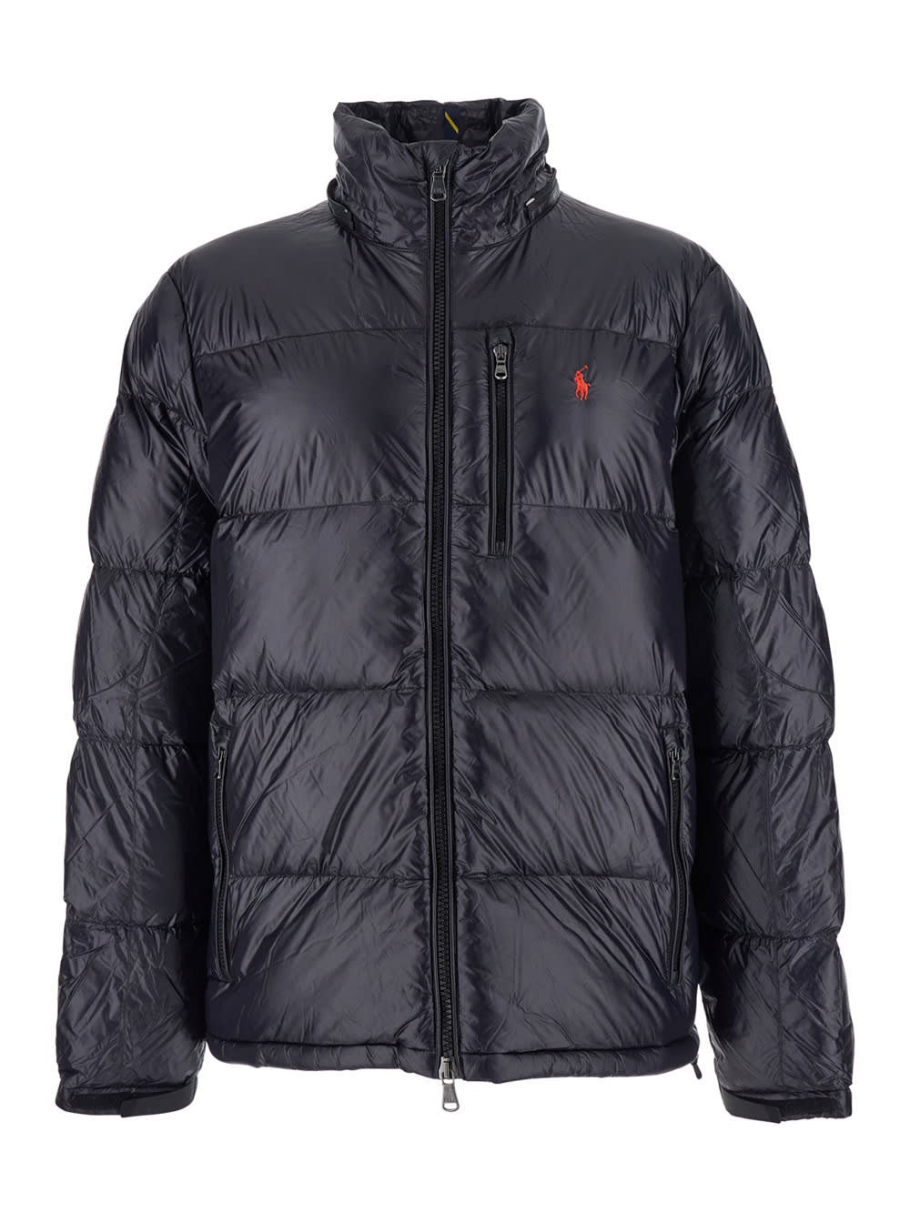 Polo Ralph Lauren Black Down Jacket With Patent Effect And Embroidered Pony Logo On Chest In Tech Fabric Man In Black
