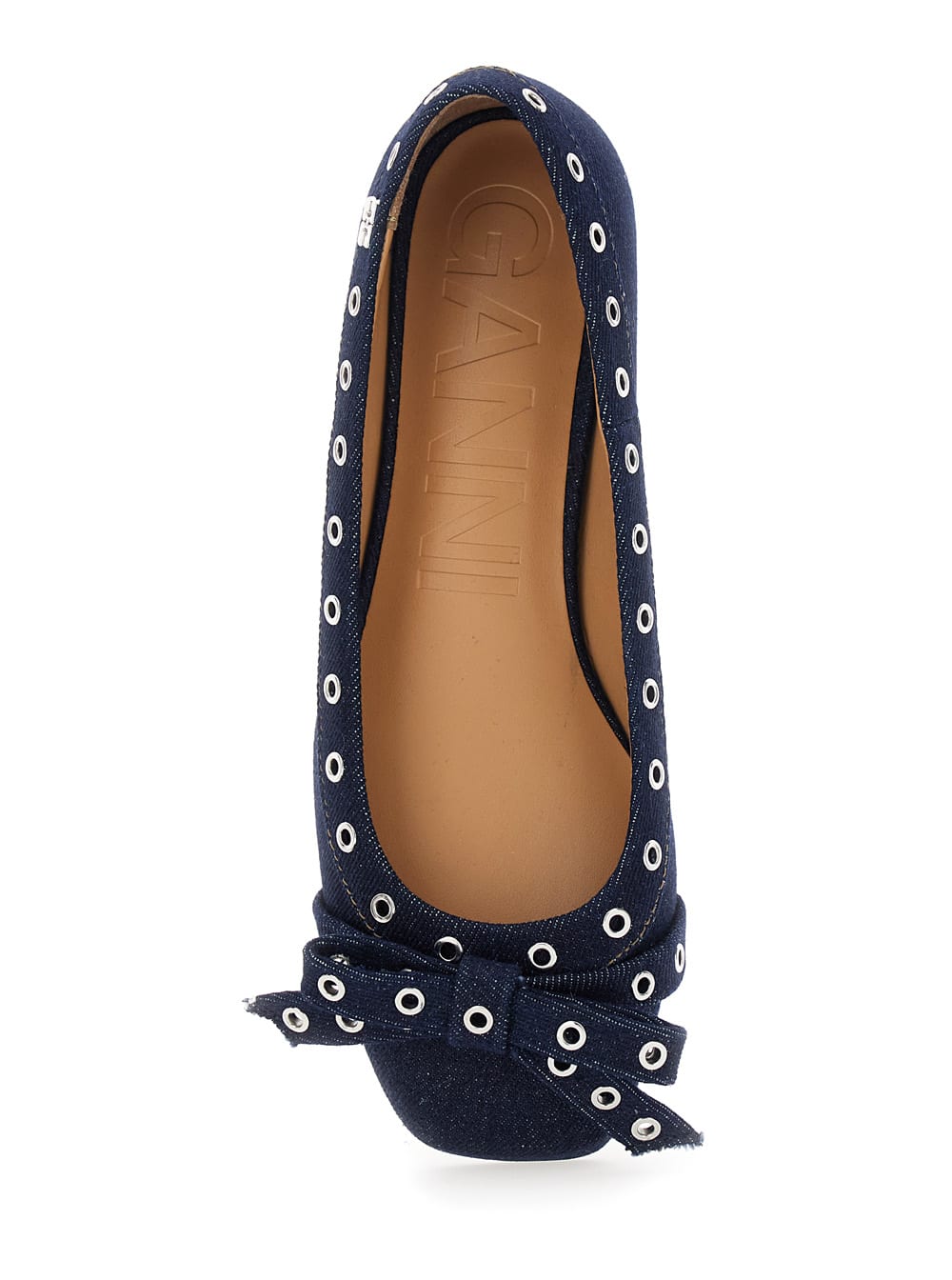 GANNI BLUE BALLET FLATS WITH EYELET DETAILS IN COTTON WOMAN 