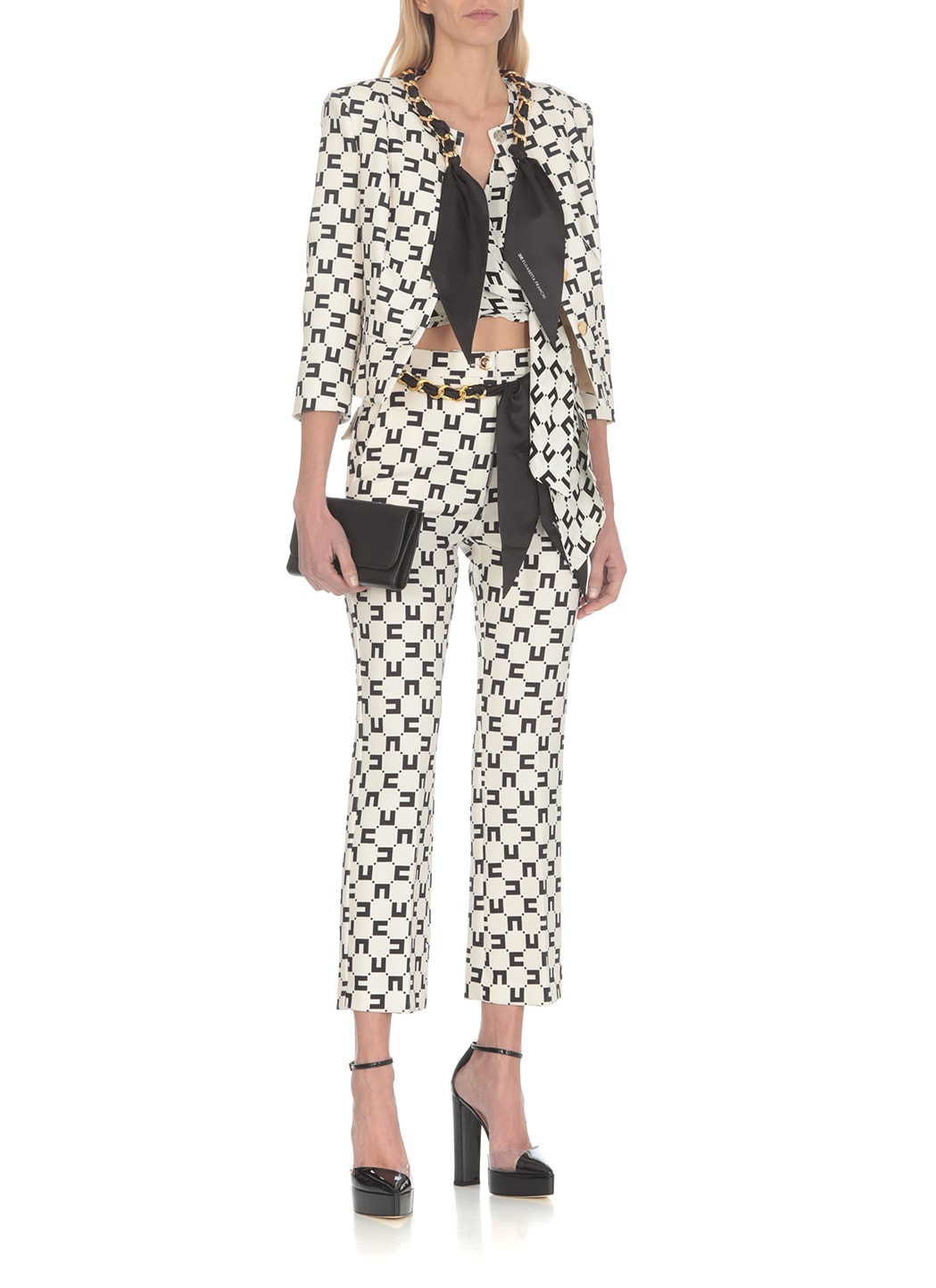 Elisabetta Franchi Monogram-print Bootcut Trousers In Black