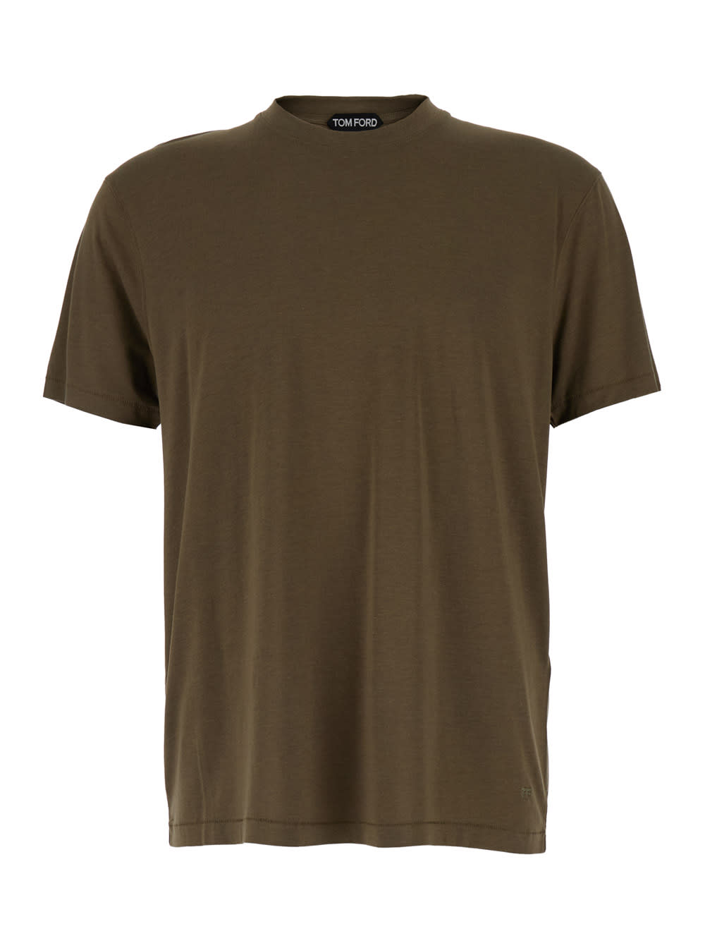 Shop Tom Ford Military Green Crewneck T-shirt With Tf Embroidery In Lyocell And Cotton Blend Man