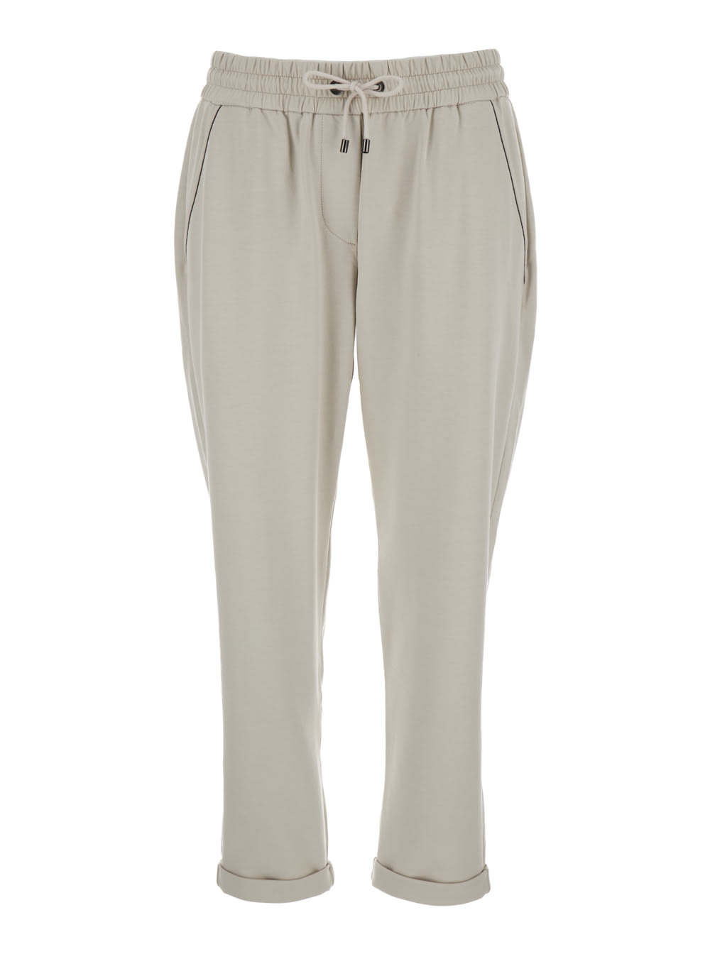 Shop Brunello Cucinelli White Crop Pants With Elastic Waist In Stretch Cotton Woman In Grey