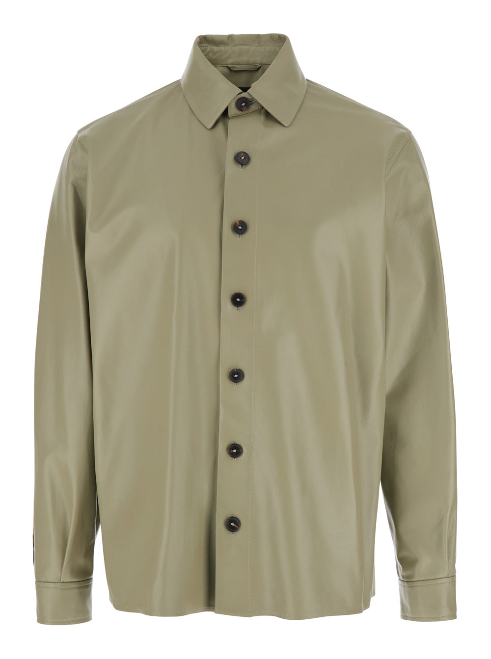 lush Green Shirt With Classic Collar And Contrasting Buttons In Leather Man