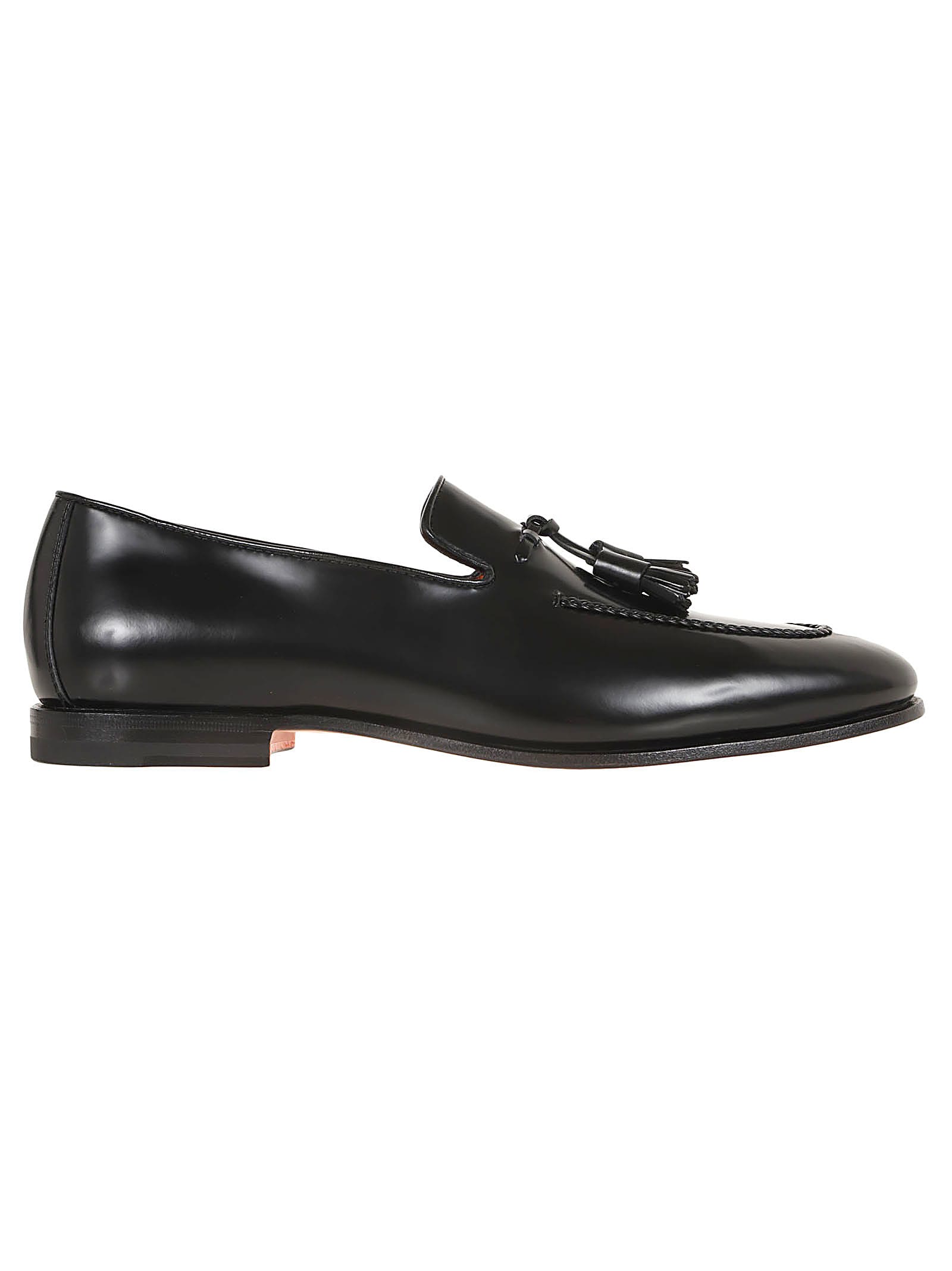 Santoni Black Leather Moccasin With Tapered Toe And Decorative Tassels In Black