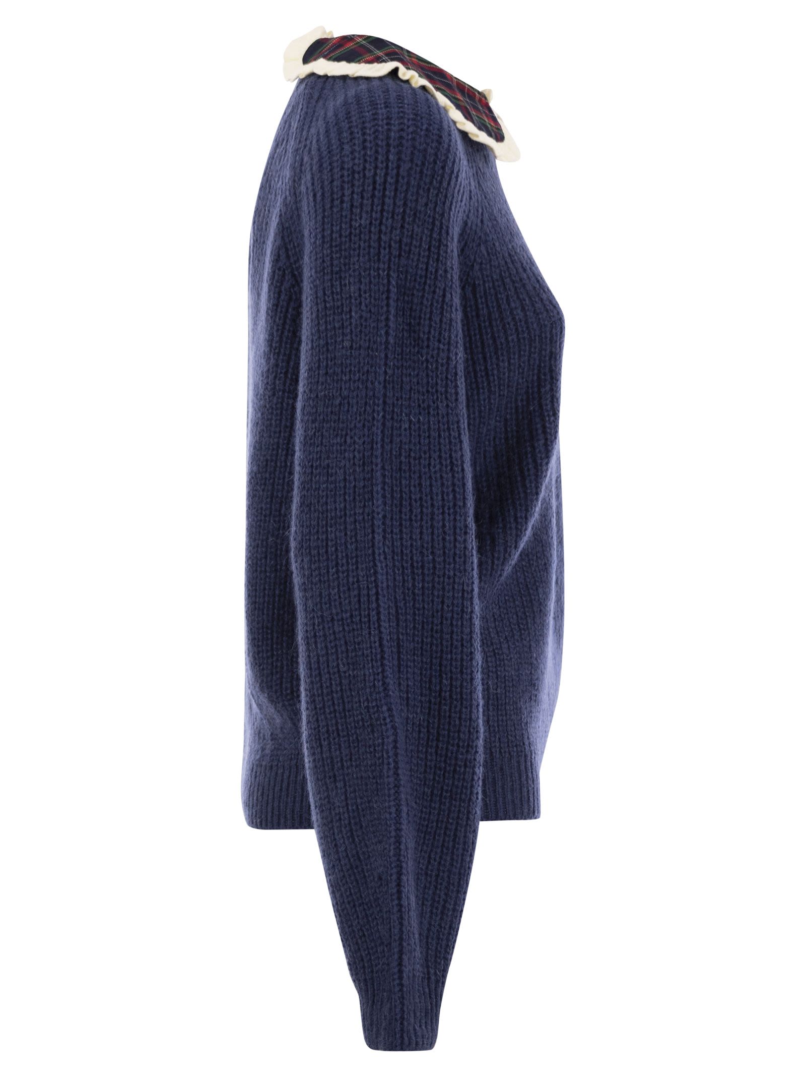 Mc2 Saint Barth Calia - Ribbed Jumper With Velvet Collar And Bow In Blue