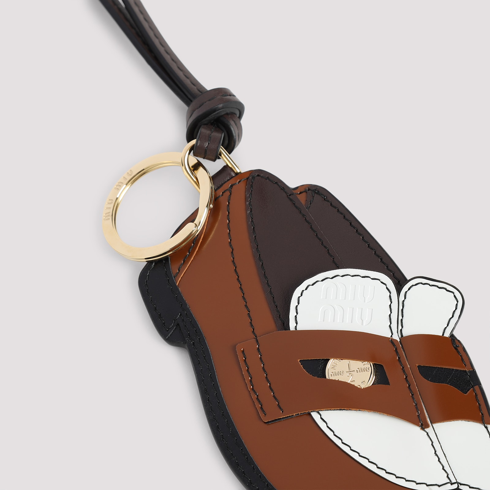 Miu Miu Penny Loafer Leather Keychain In Cognac/bianco