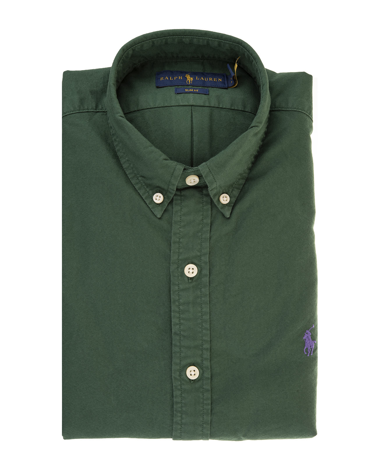 Ralph Lauren Man Slim Fit Forest Green Shirt With Lilac Pony