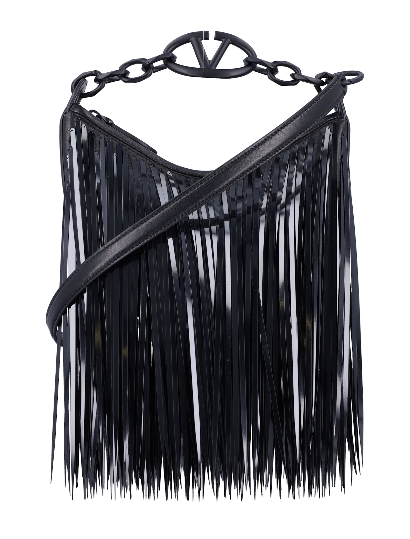 Shop Valentino Vlogo Moon Mini Hobo Bag With Sequin Fringes In Black