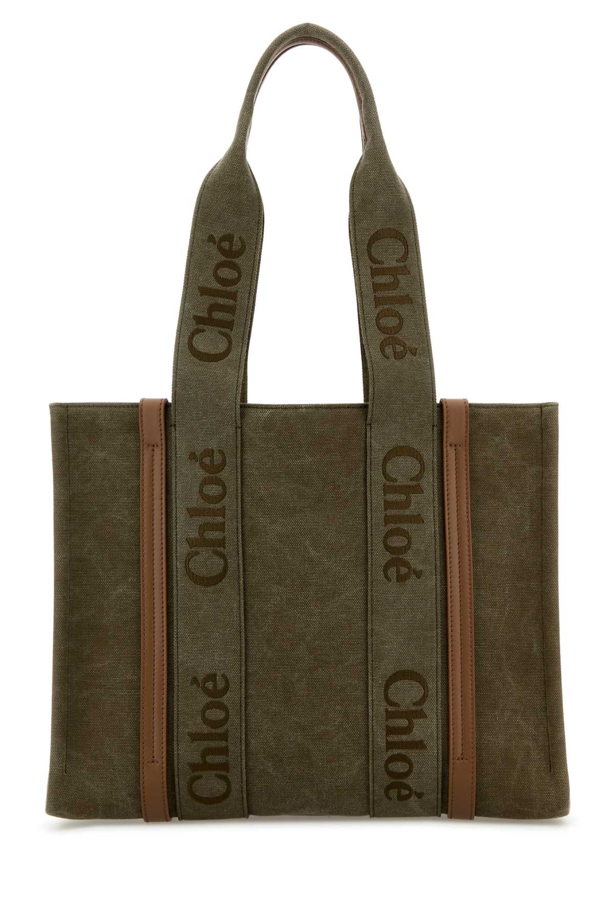 Shop Chloé Khaki Canvas Medium Woody Shopping Bag In Darkkhaki