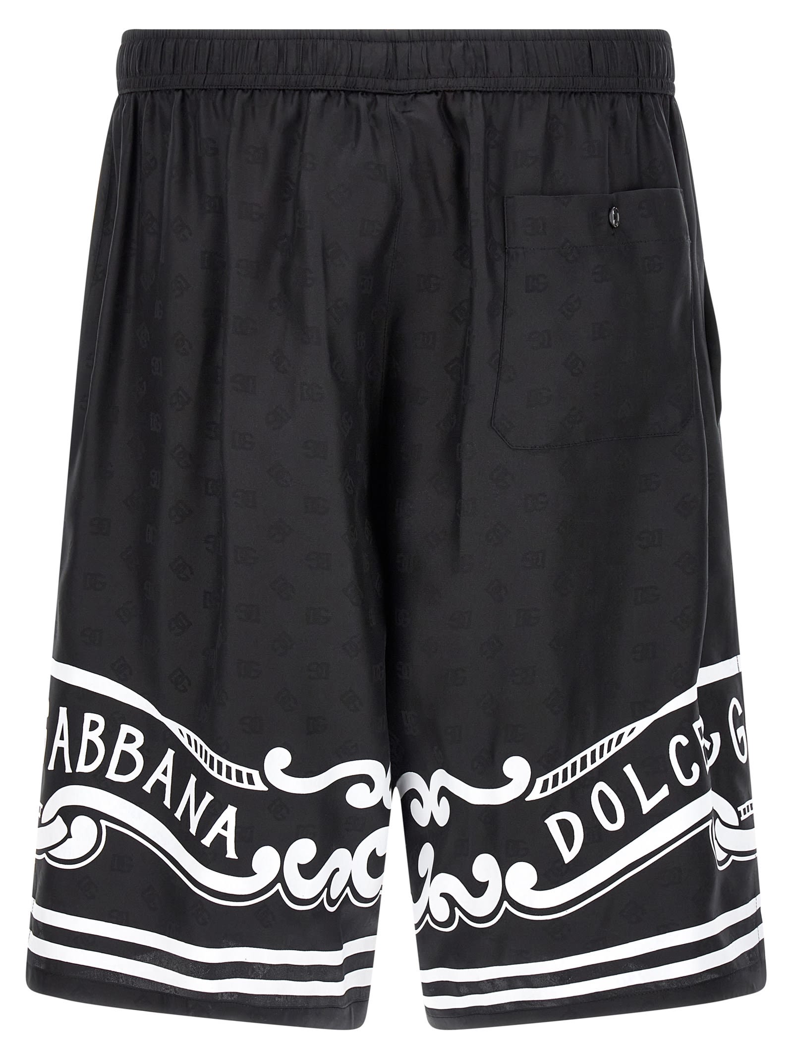 Dolce & Gabbana Black Bermuda Pants With Drawstring Elastic Waist And Maxi Print In Silk Man In White/black