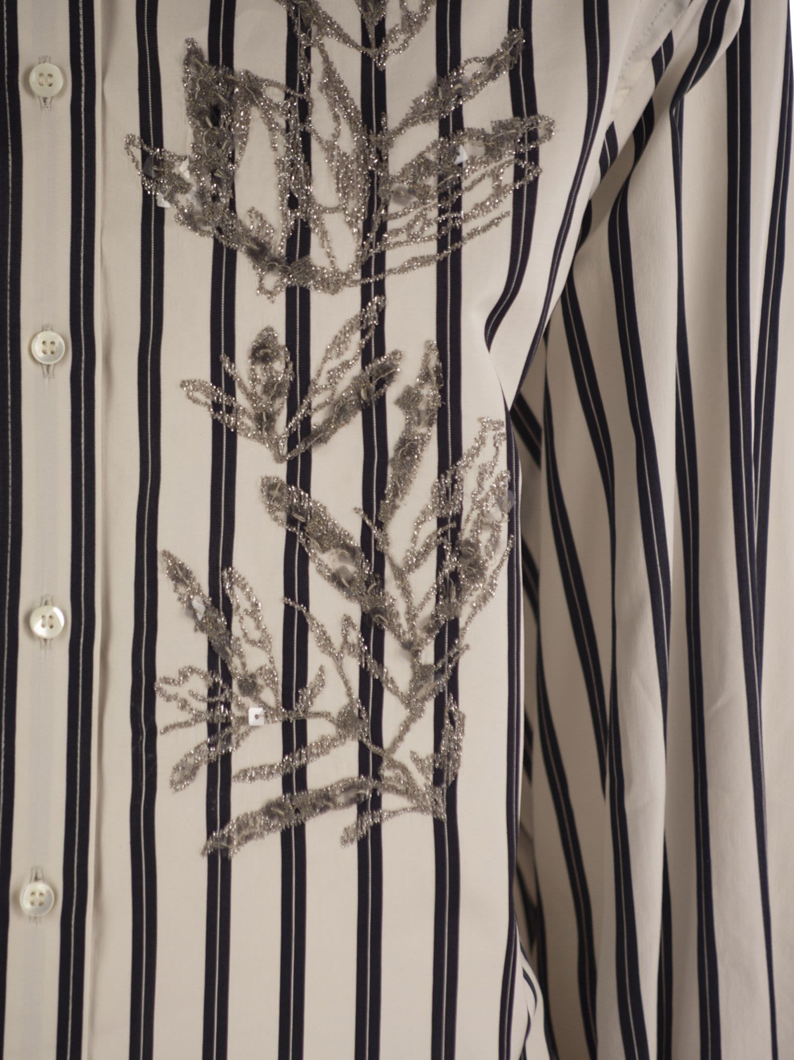 Brunello Cucinelli White Shirt With Floral Embroidery On The Front And All-over Striped Motif In Bianco/nero