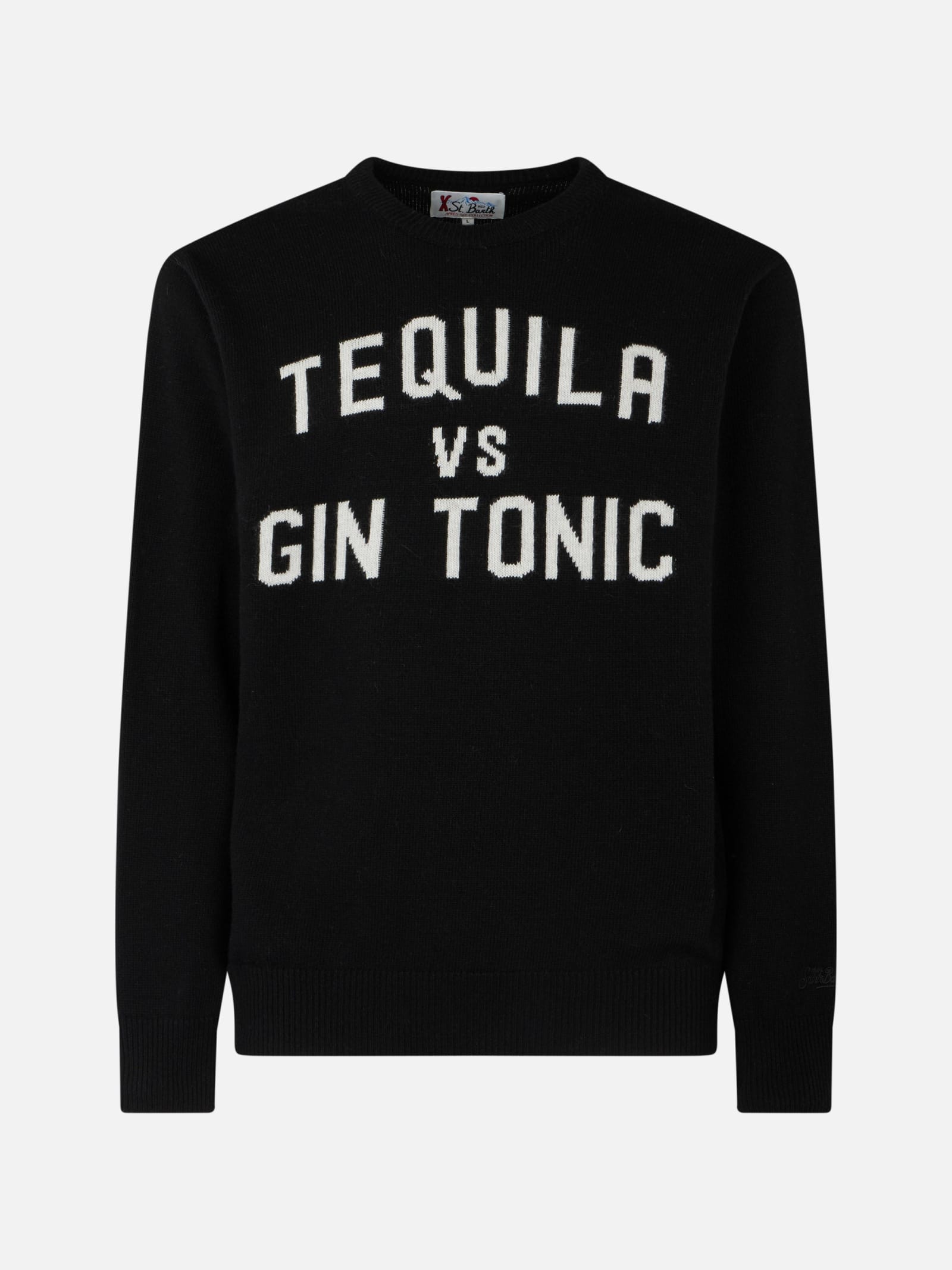 Mc2 Saint Barth Man Crewneck Sweater With Tequila Vs Gin Tonic Jacquard Print In Black