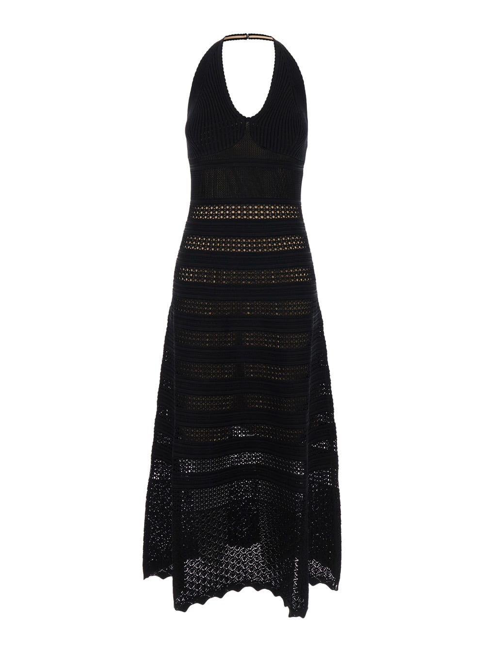 Long Black Perforated Dress With Halterneck In Viscose Blend Woman