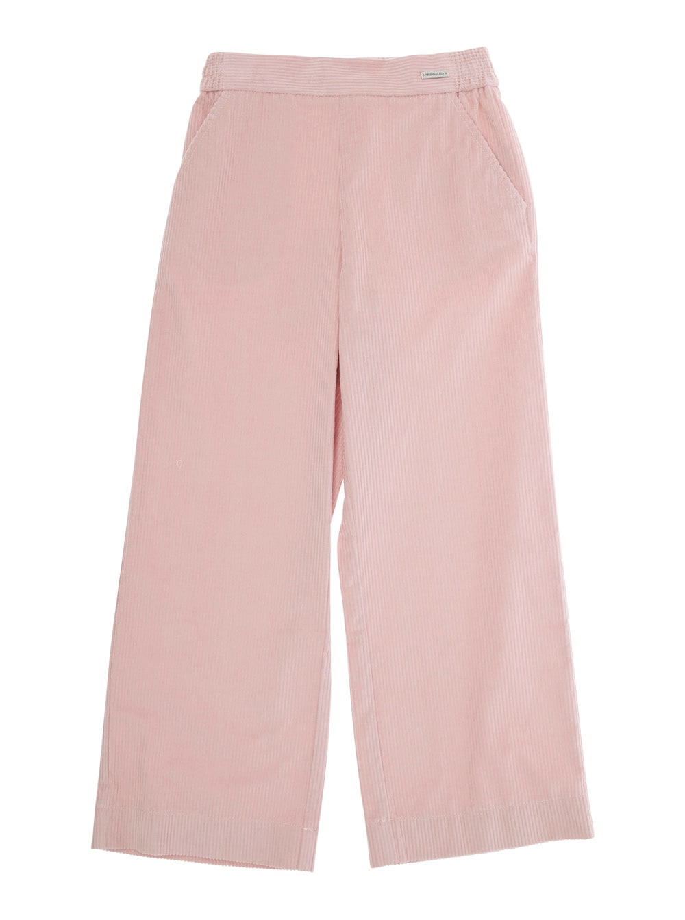 Monnalisa Pink Pants With Rear Elastic Waist And Logo Patch On The Front In Corduroy Girl In Pink