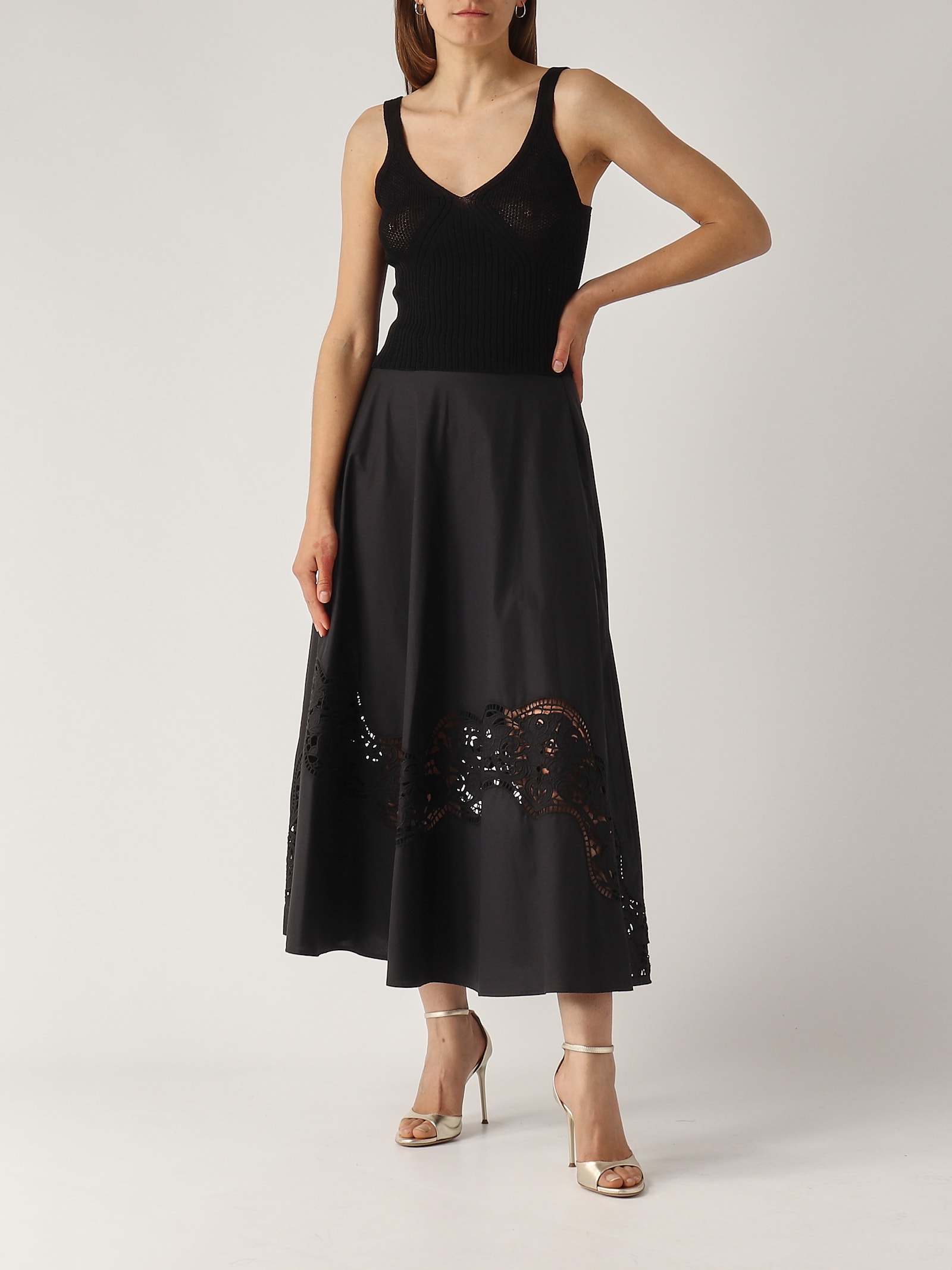 Twinset Lace-insert A-line Skirt In Nero