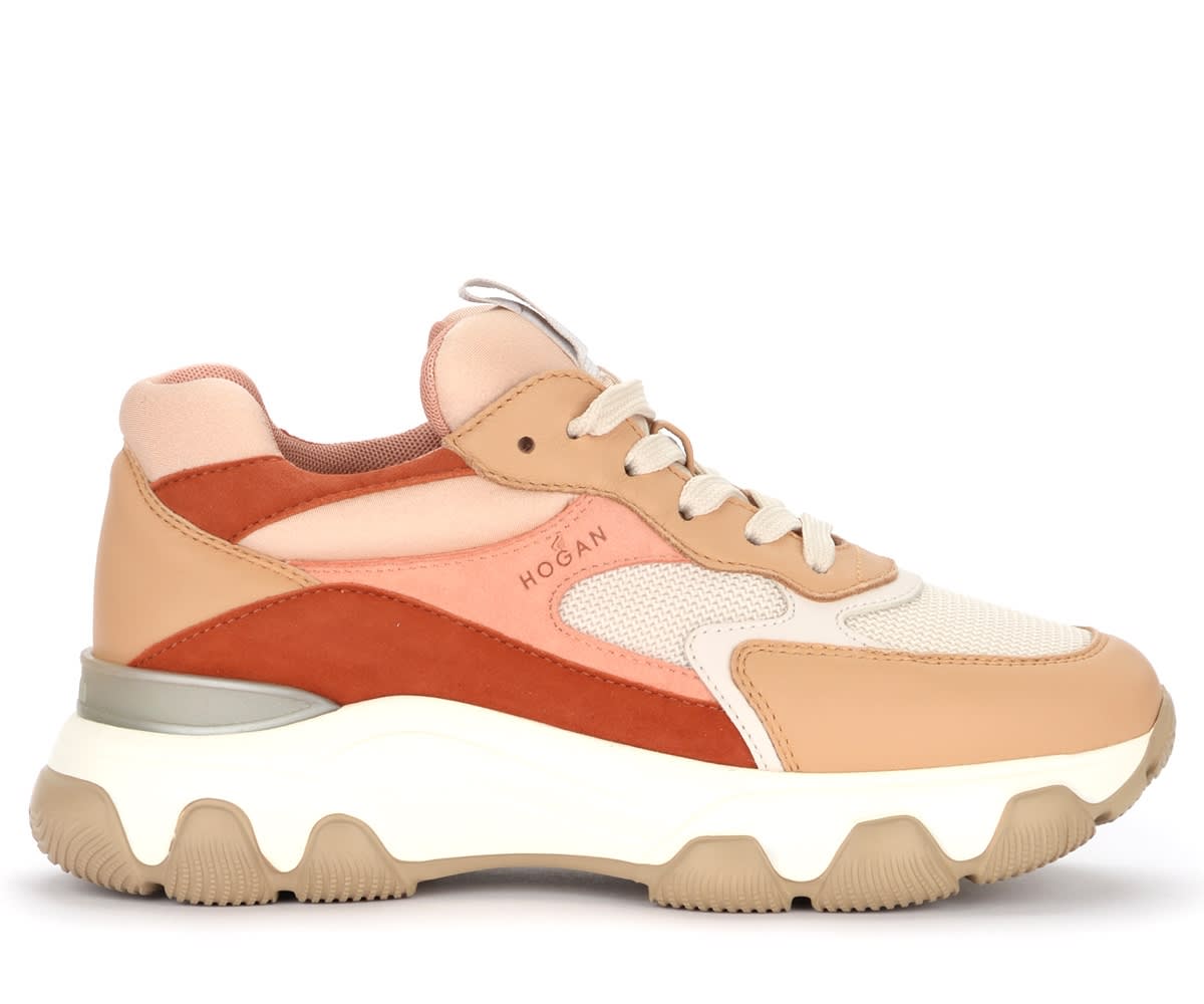 Hogan Hyperactive Sneaker In Brown Red And Pink Leather