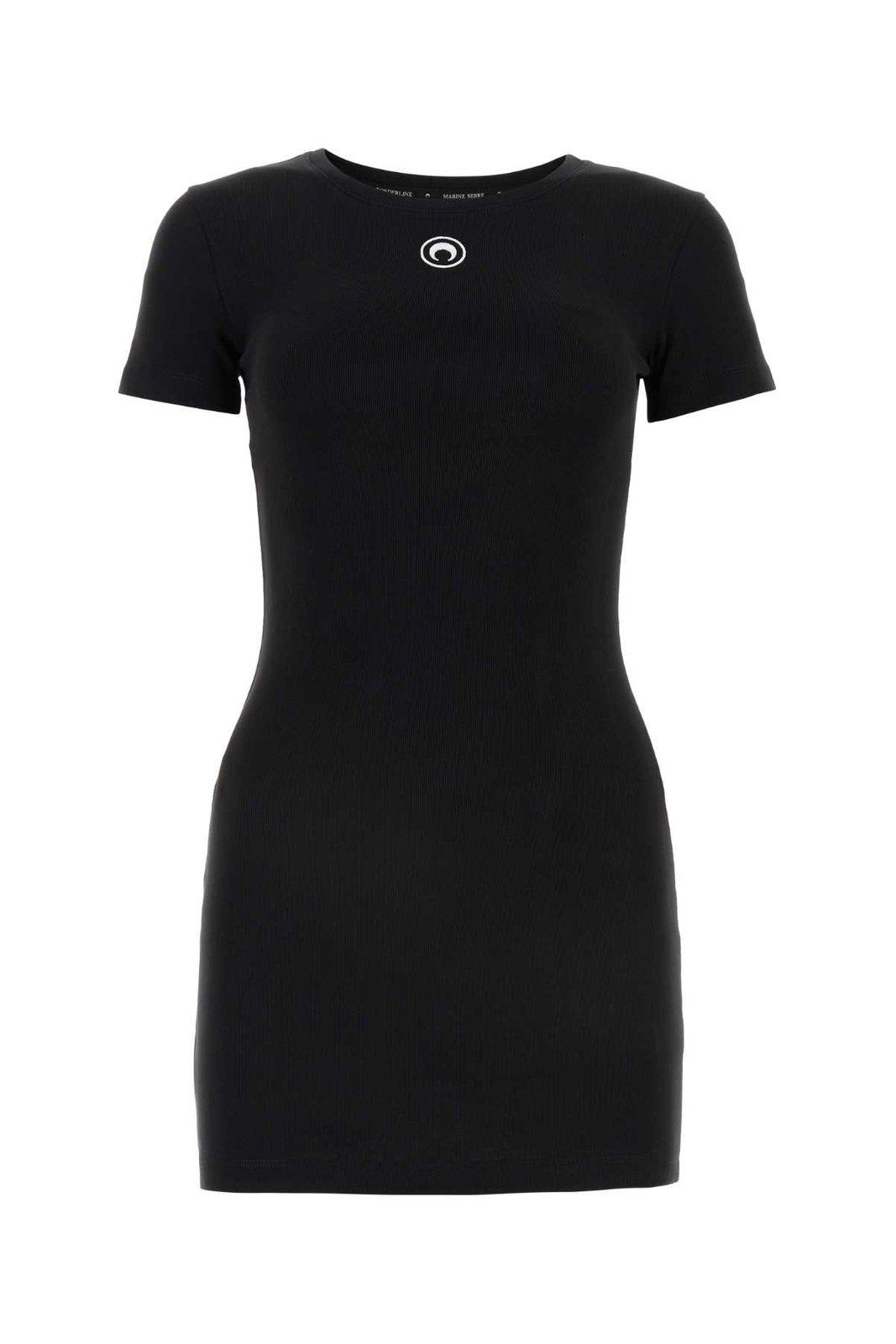 Shop Marine Serre Logo Detailed Short Sleeved Mini Dress In Black