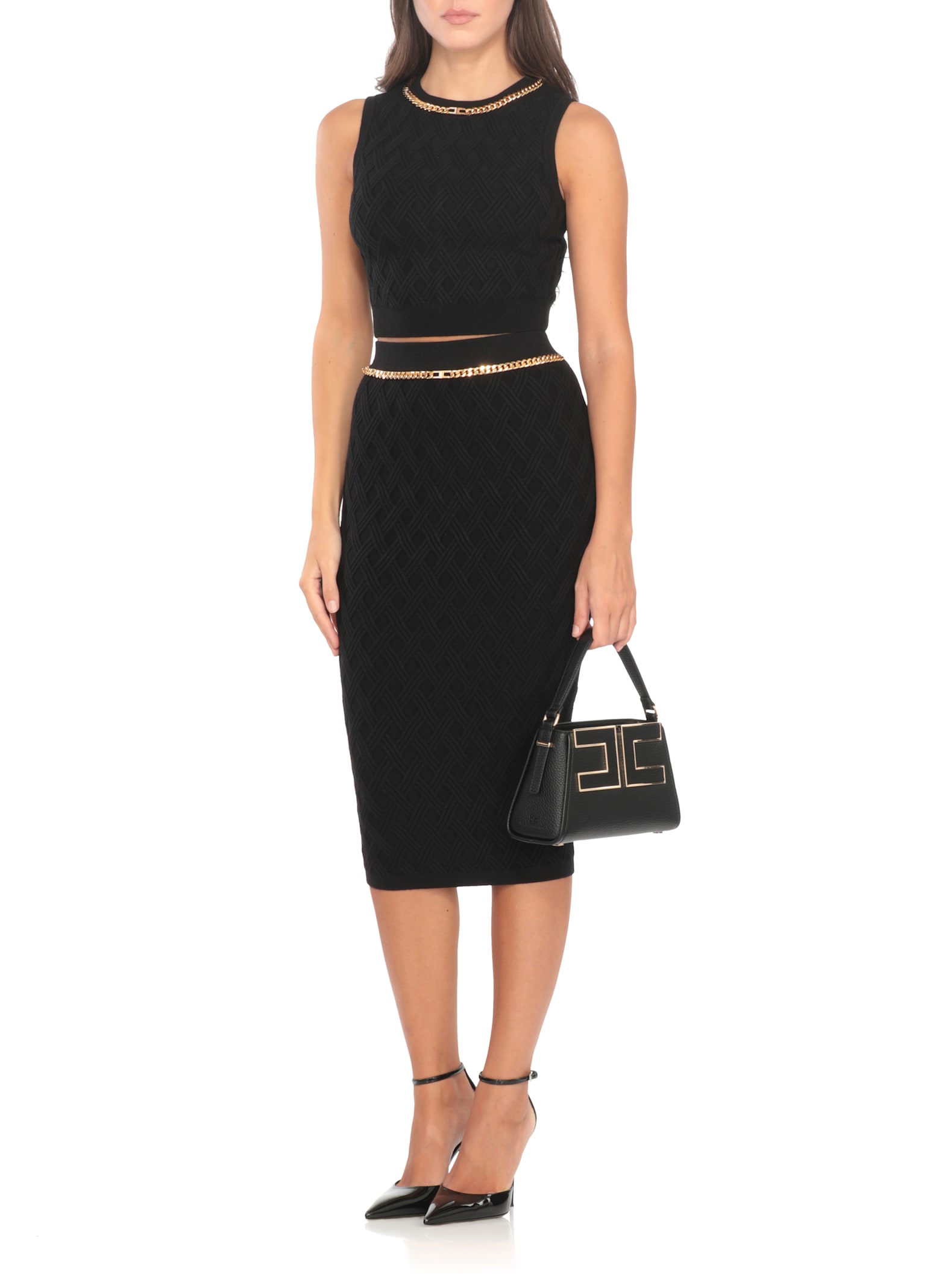 Elisabetta Franchi Chain-embellished Diamond-pattern Crop Top In Black