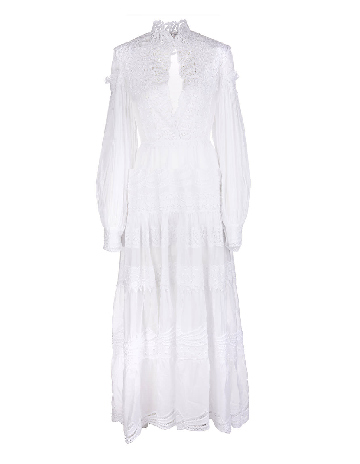 Ermanno Scervino White Long Dress With Patchwork Of Sangallo And Macrame Laces