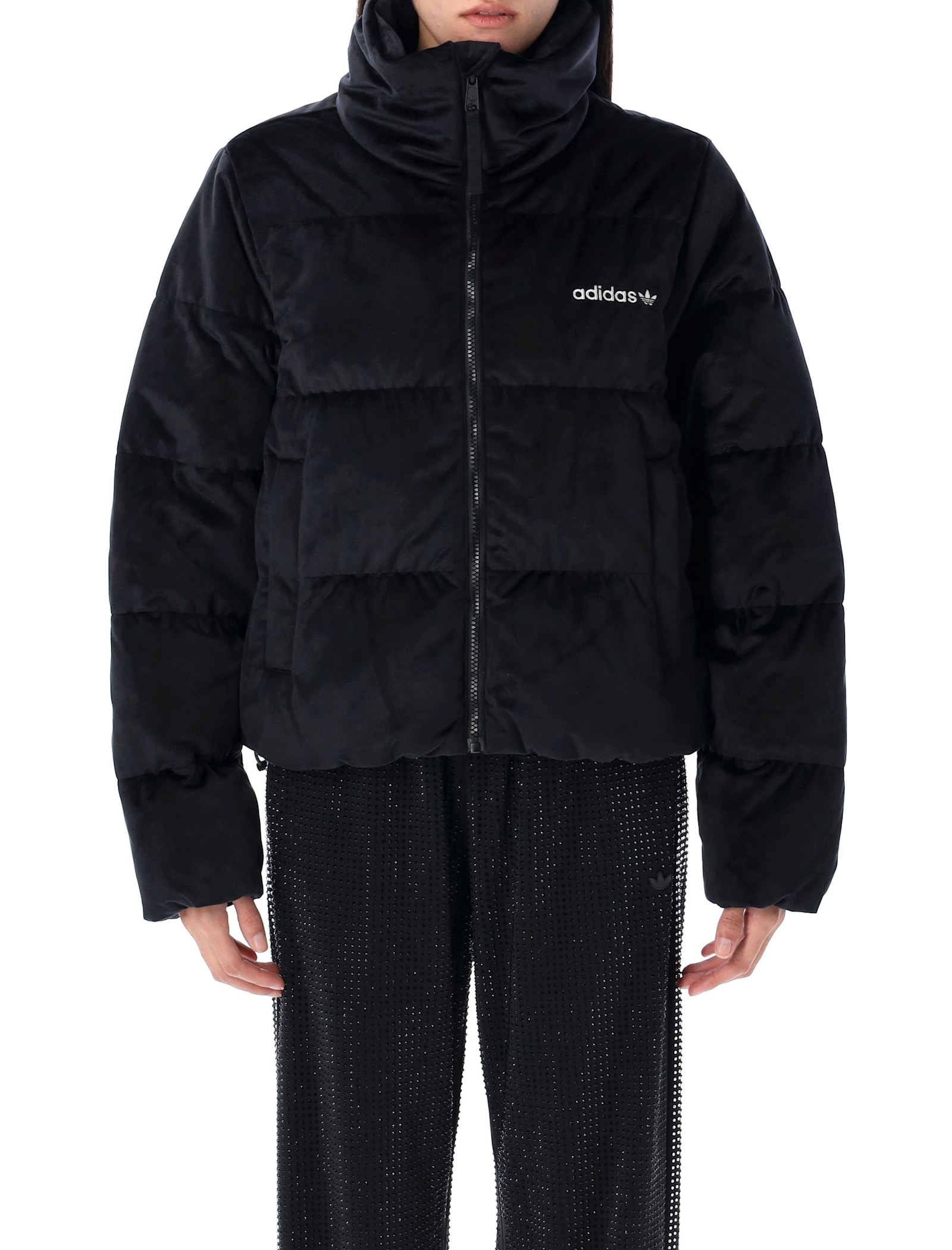 Adidas Originals Velvet Puffer Jacket Bungee Hem In Black