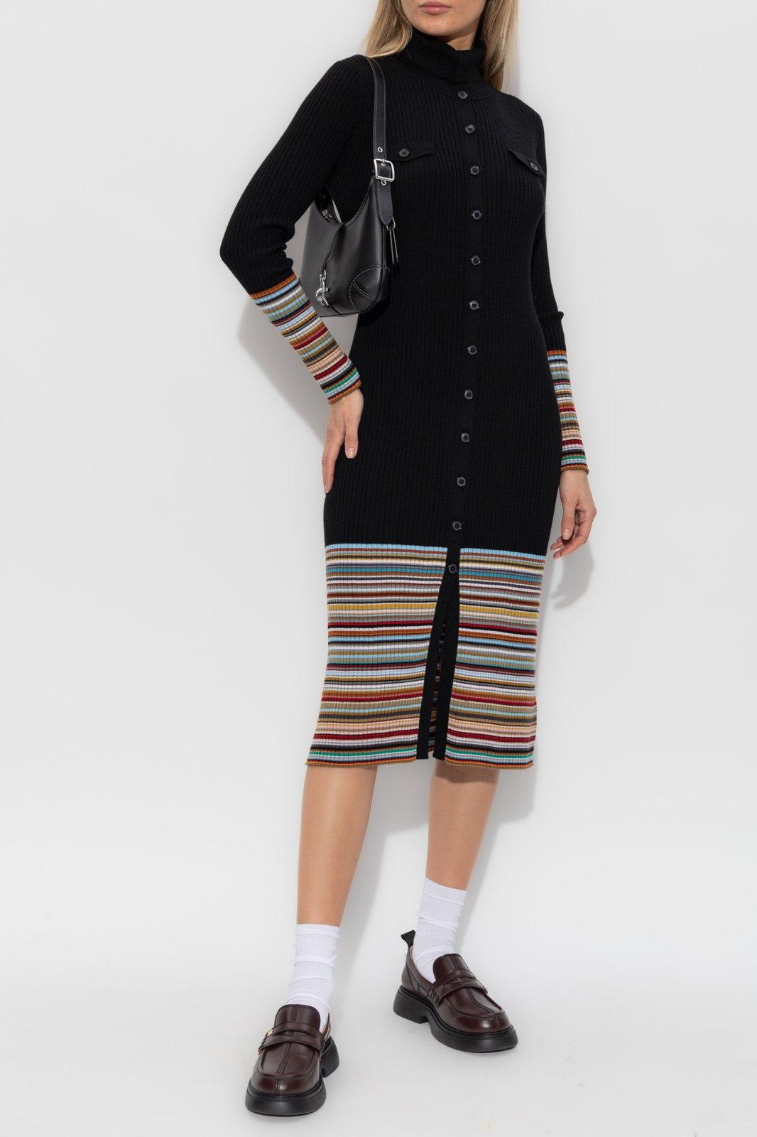 Paul Smith Ribbed Knit Dress With Button-down Front In Black