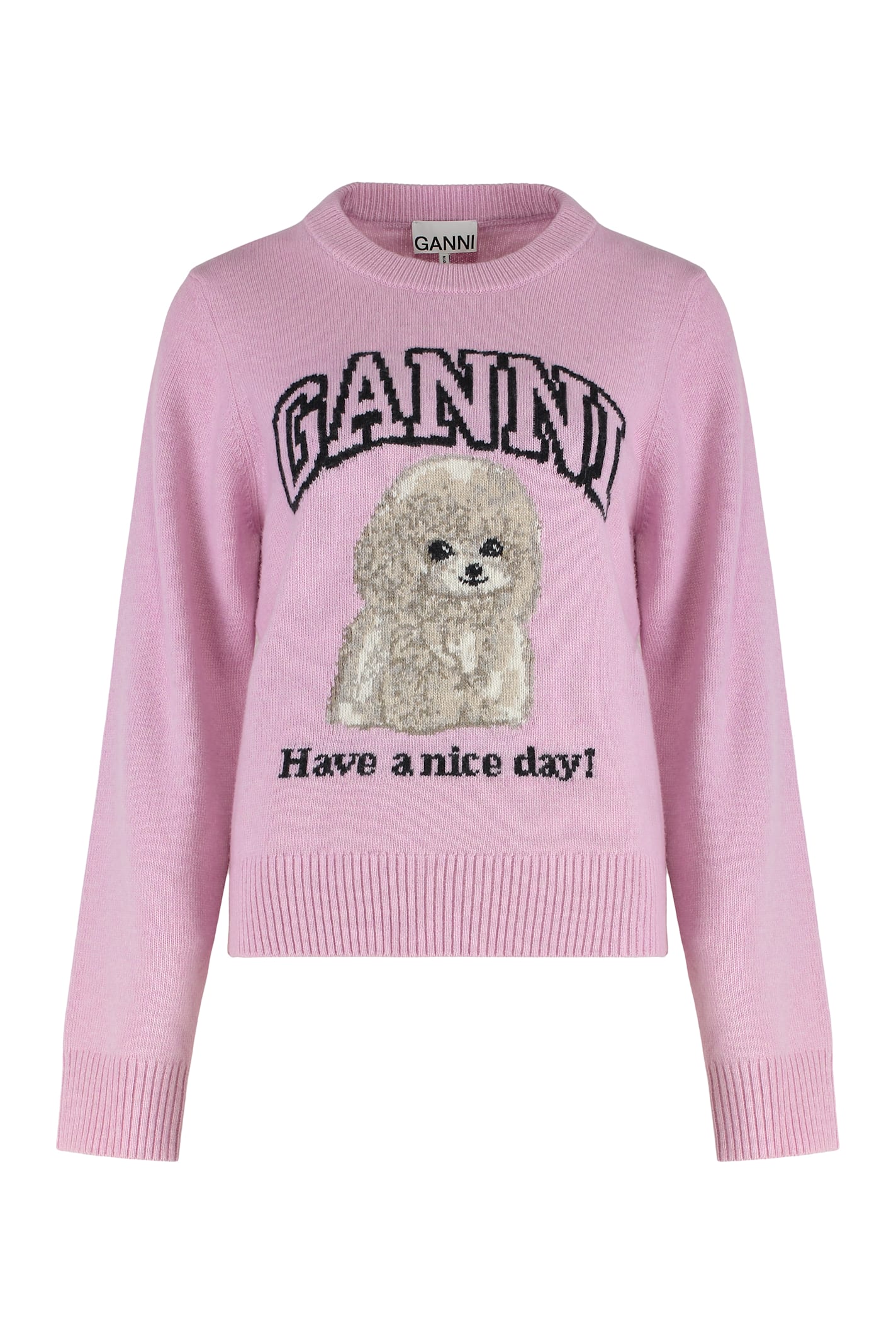Ganni Womens Chalk Pink Poodle Logo-motif Wool-blend Knit Jumper Xs