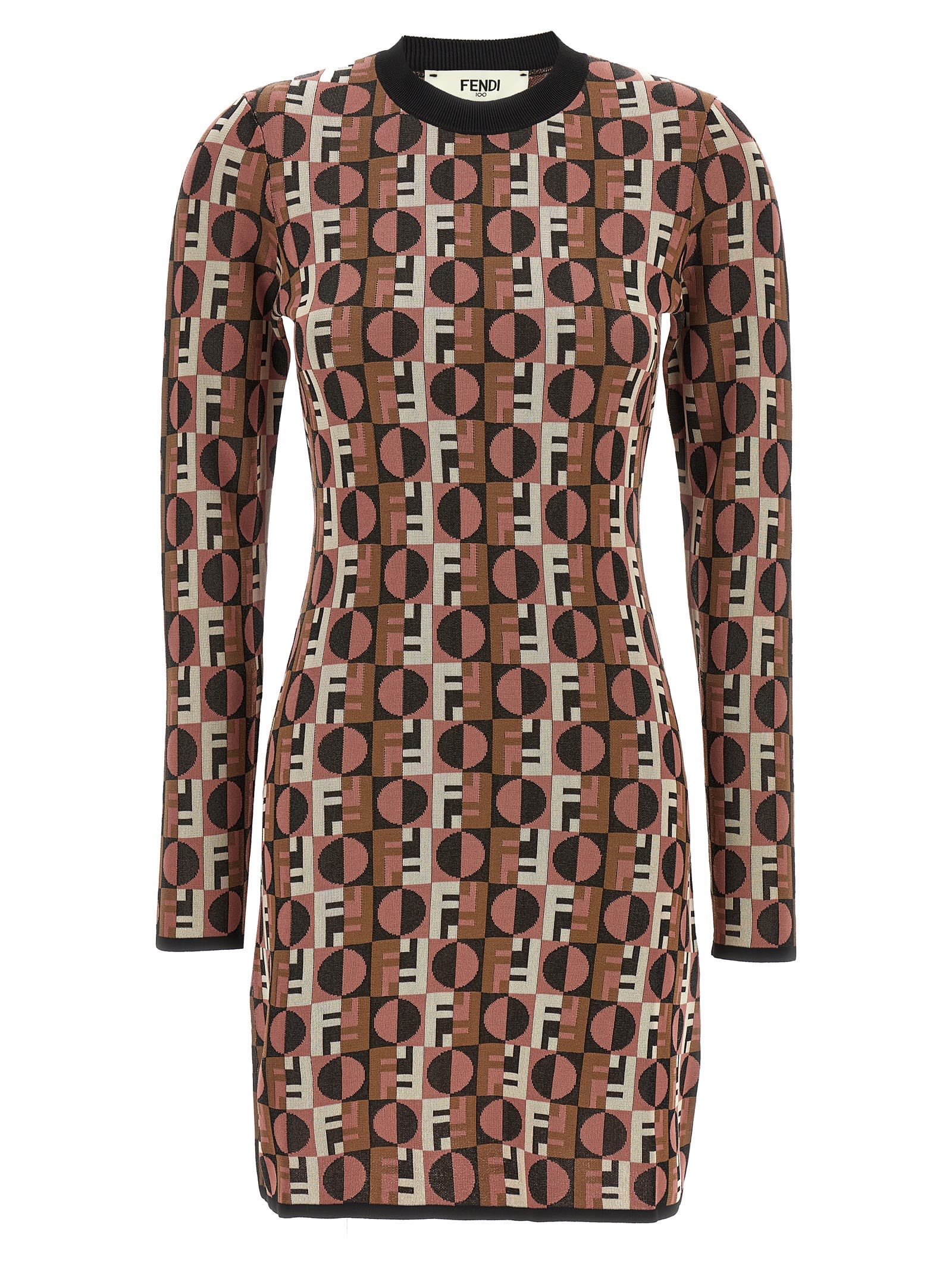 Fendi Optical Crew Neck Geometric Pattern Dress In Brown