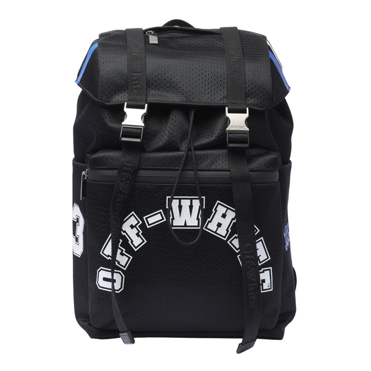 Shop Off-white Logo Printed Buckled Backpack In Black White