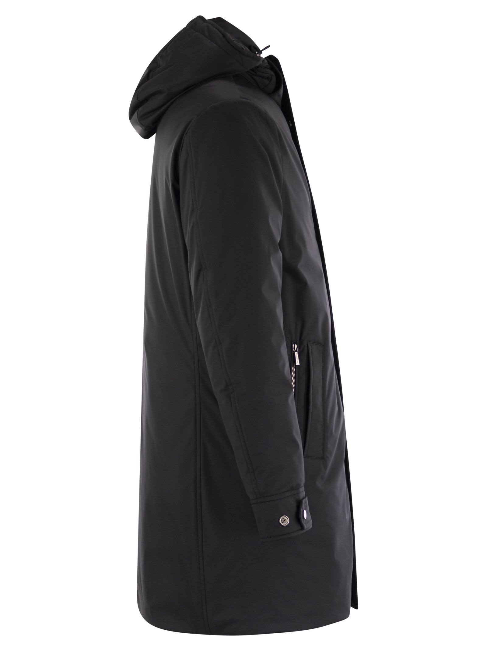 Moorer High Neck Hooded Jacket With Side Pockets In Black